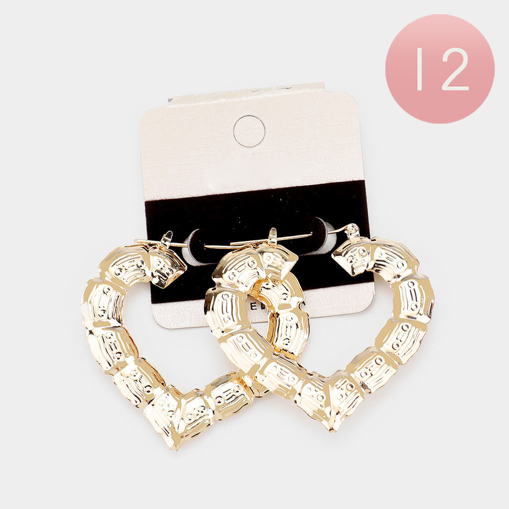 12 Pairs Medium Metal Bamboo Heart Pin Catch Earrings for Women - Fashion Boho Dangle Drop Earrings for Daily Wear, Parties & Gifts