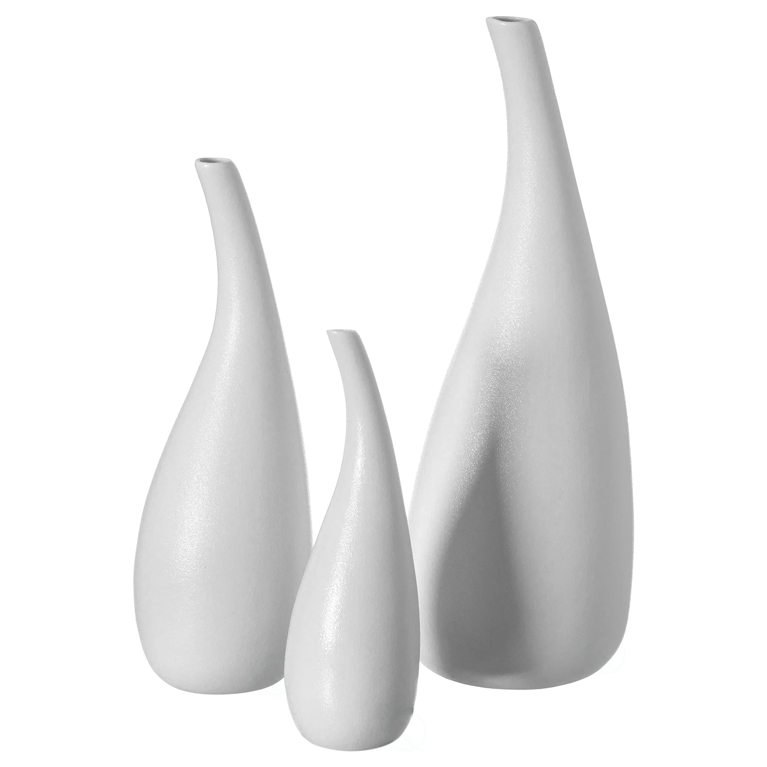 Set of 3 White Ceramic Water Drop Vases - Modern Teardrop Shape Home Decor - Perfect for Floating Shelves, TV Stands, Desks & Bookshelves - Ideal for Living Rooms, Bedrooms, Offices & Wedding Centerpieces