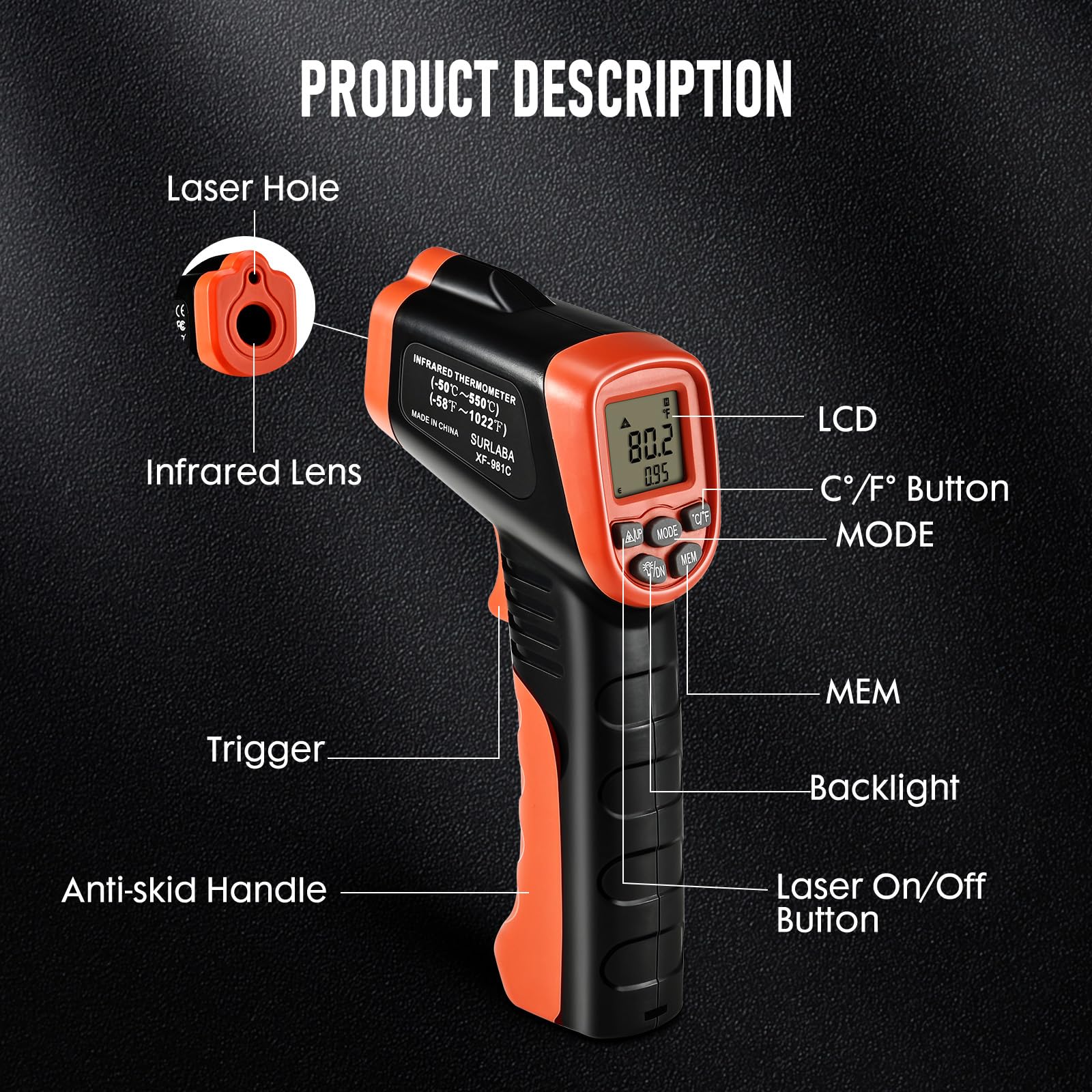 Non-Contact Infrared Thermometer Gun -58°F to 1022°F (-50°C to 550°C) with Laser Pointer for Cooking, Baking, HVAC, Auto Repair & Home Maintenance - Digital Temperature Gun for Food, Ovens, Grills & Industrial Use