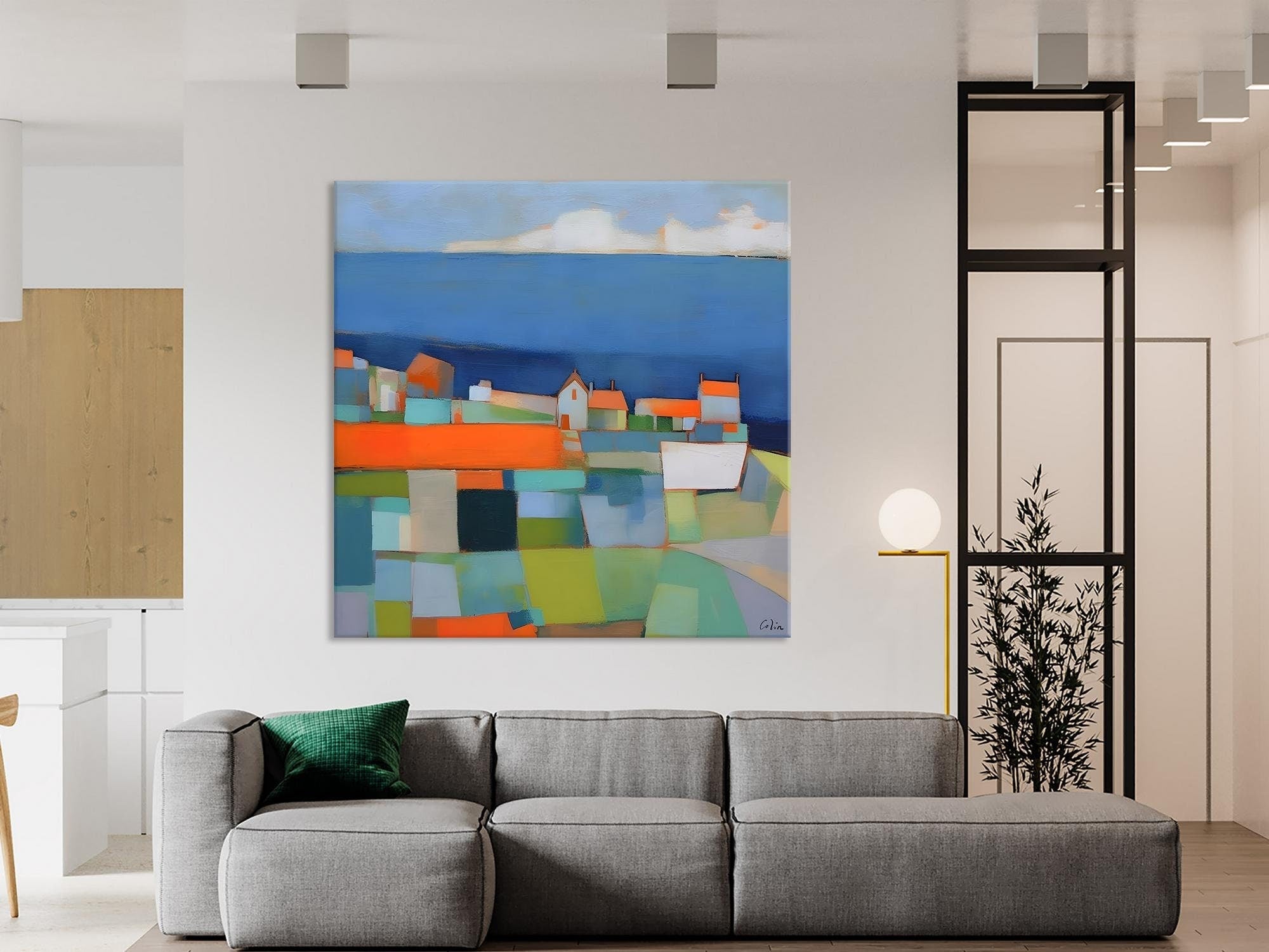 Original Abstract Landscape Canvas Paintings - Modern Acrylic Wall Art for Living Room Decor | Handmade Home Office & Bedroom Wall Decor
