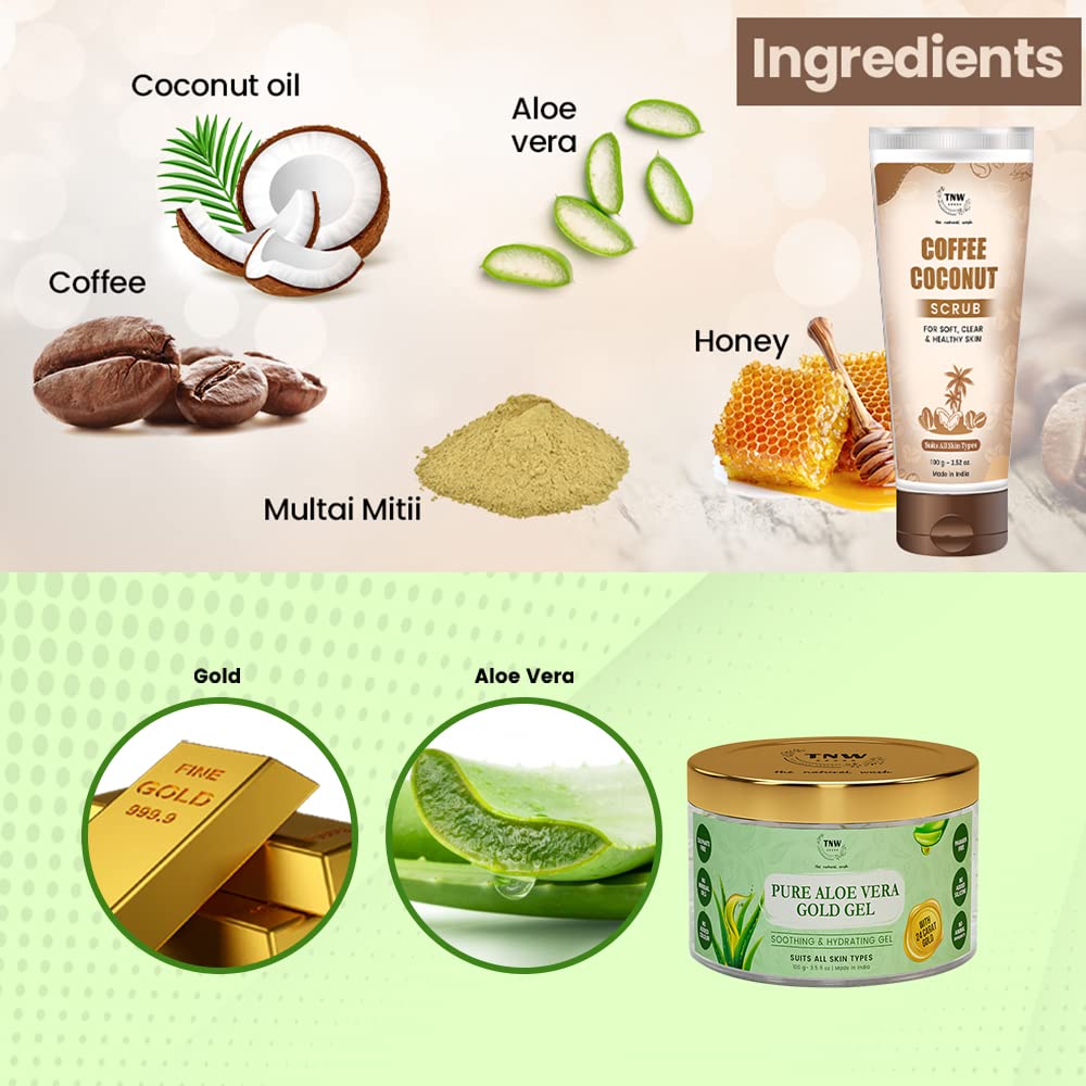 TNW-The Natural Wash Face & Body Scrub with Pure Aloe Vera & 24K Gold - Coffee Coconut Exfoliator & Hydrating Aloe Gel (200ml) | Multipurpose Skincare for Dry Skin, Acne Treatment & Sunburn Relief | Perfect for Spa Day & Post-Workout Refreshment