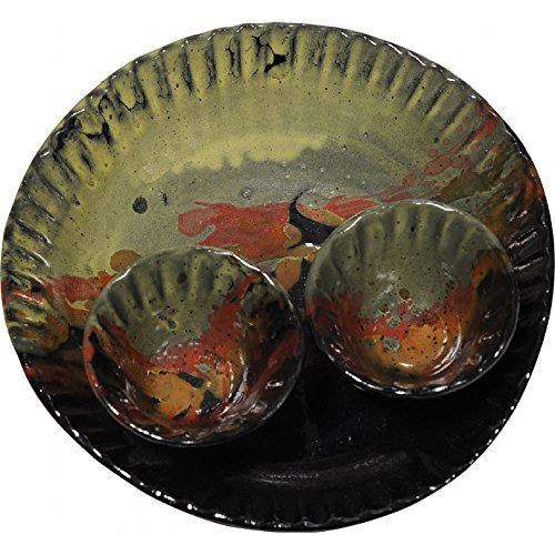 Handmade Ceramic Double Cup Chip and Dip Serving Platter with Moonscape Glaze - Stoneware Appetizer Tray with Dipping Bowls for Parties, Entertaining & Home Decor - Perfect for Nachos, Dips, Snacks & Charcuterie
