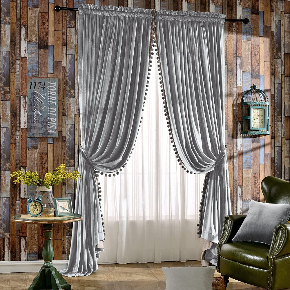 Luxury Velvet Thermal Insulated Curtains with Pom Poms - 100x84 Inch Grey Blackout Drapes for Bedroom & Living Room - Rod Pocket Window Treatment for Home Decor & Noise Reduction (1 Pair) - Perfect for Cozy Nights & Elegant Interior Design