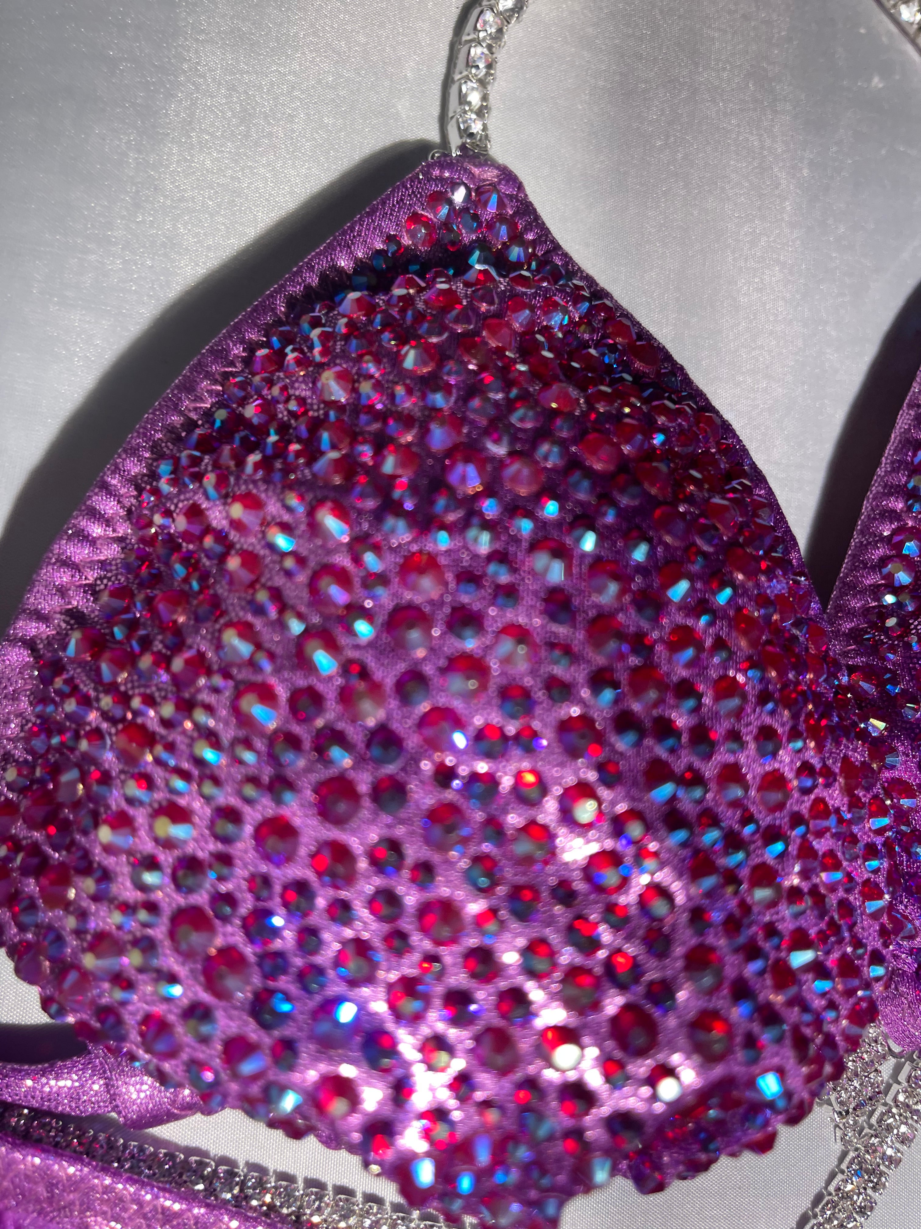 Lavender Lilac Purple Bikini Competition Swimsuit with Stunning Crystal Rhinestone Back - Perfect for Beach, Pool, and Pageant Events