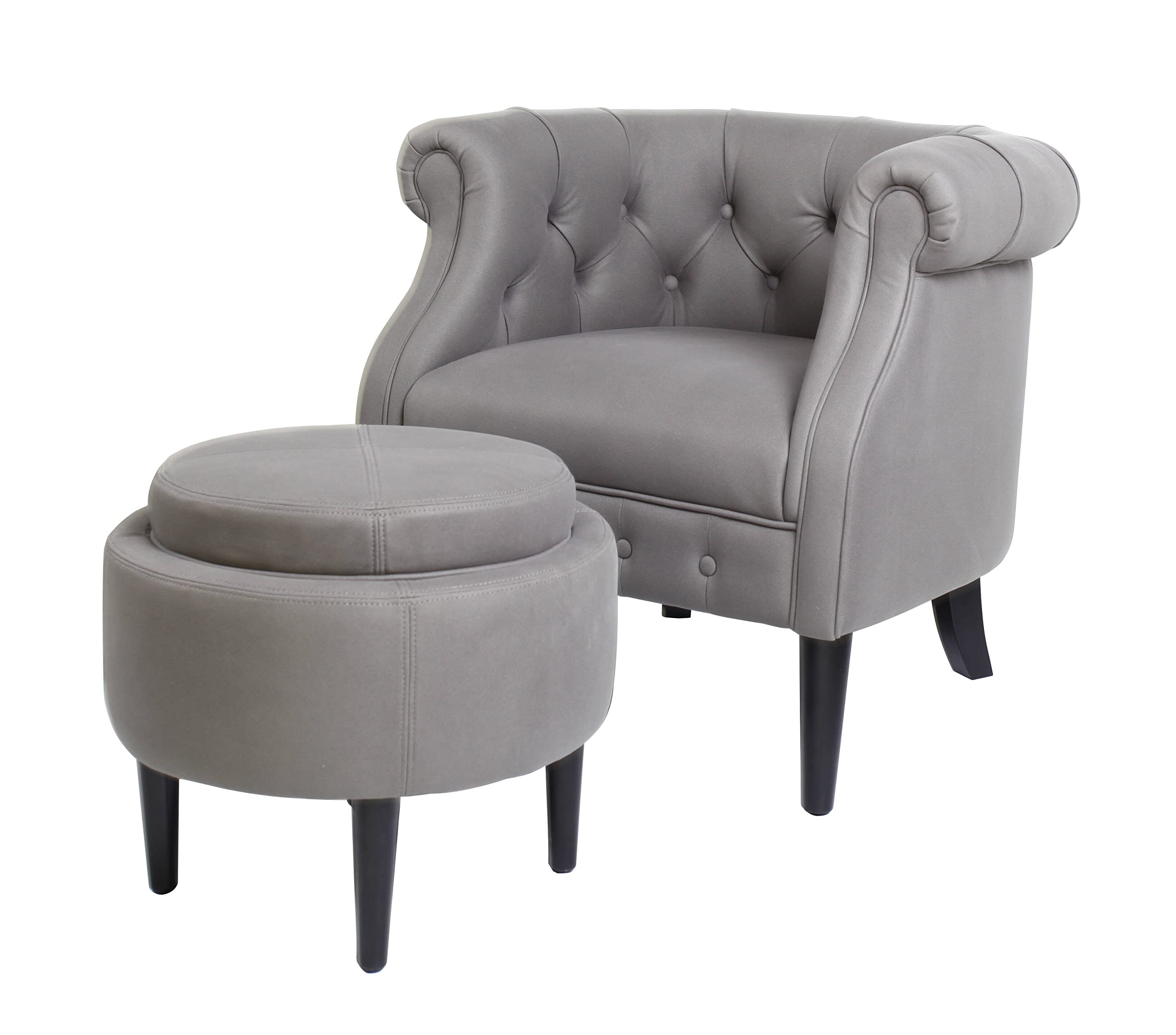 Modern Accent Chair with Round Storage Ottoman - Fabric Armchair & Club Chair Set with Wooden Legs for Living Room, Bedroom, Office - Perfect for Small Spaces, Reading Nooks & Home Decor
