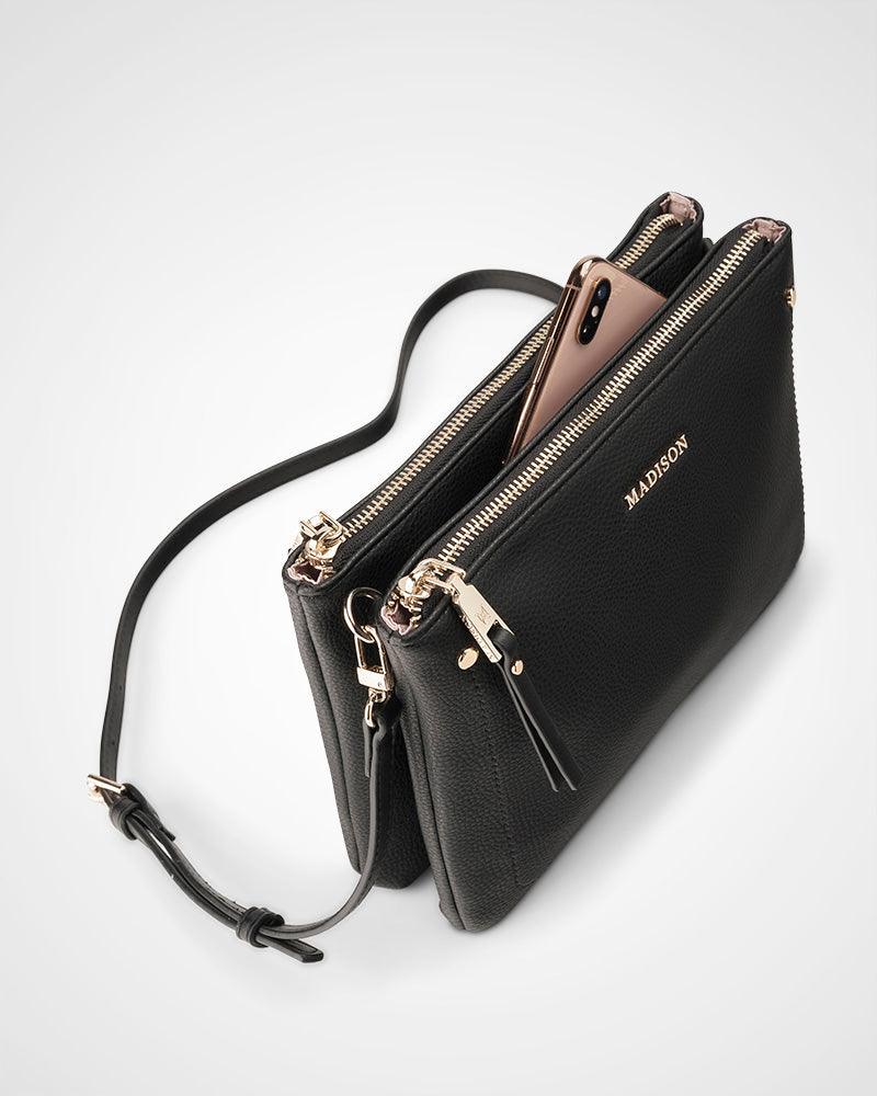 Charlotte Double Zip Crossbody Bag with Adjustable Graphic Strap - Stylish Hands-Free Purse for Women, Perfect for Travel, Shopping & Everyday Use
