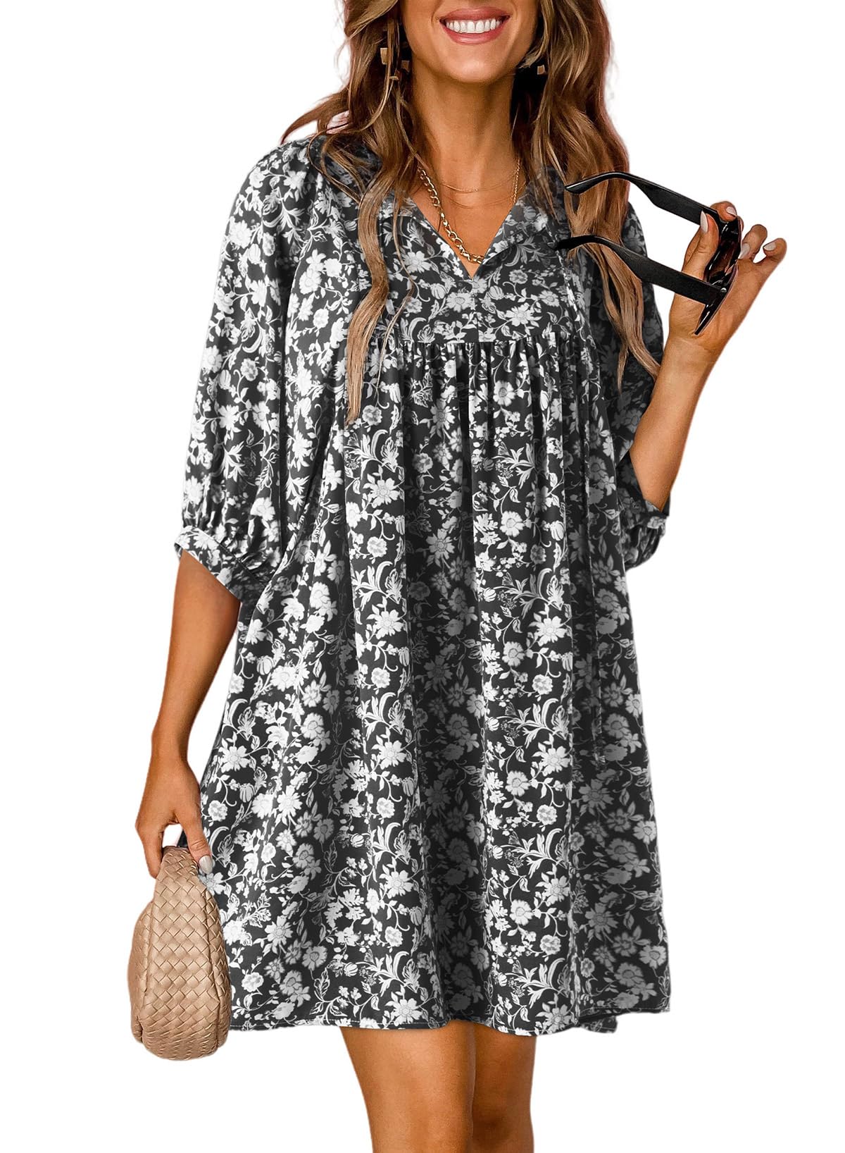 Dokotoo Women's Summer Dresses 2025 - Boho Floral Print Chiffon Mini Dress with V Neck & Drawstring Waist, Lantern Sleeve Sundress for Beach Vacation, Party, and Casual Outings