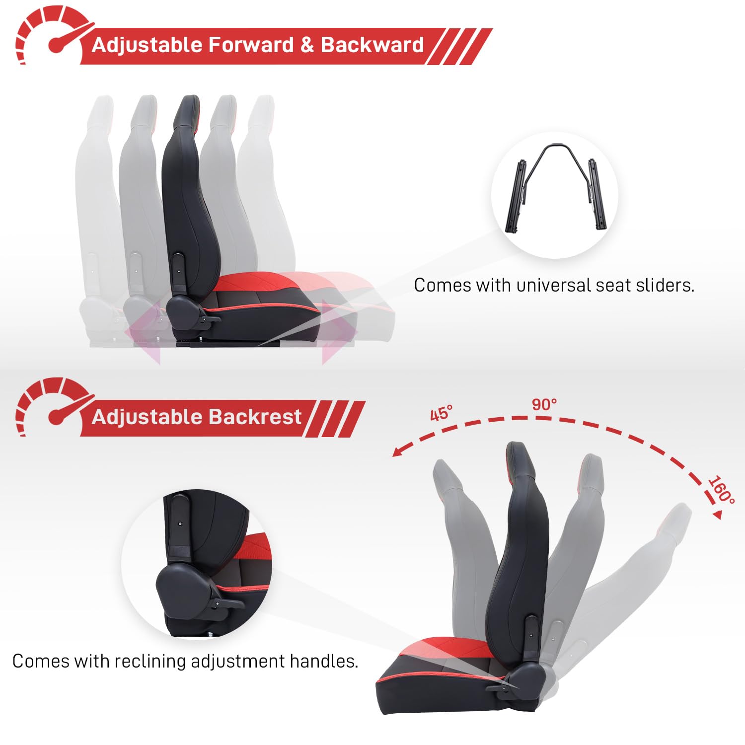 Universal Racing Bucket Seats - Adjustable Reclinable Sport Car Seats with PU Leather & Sliders (2-Pack, Black/Red, 36.8