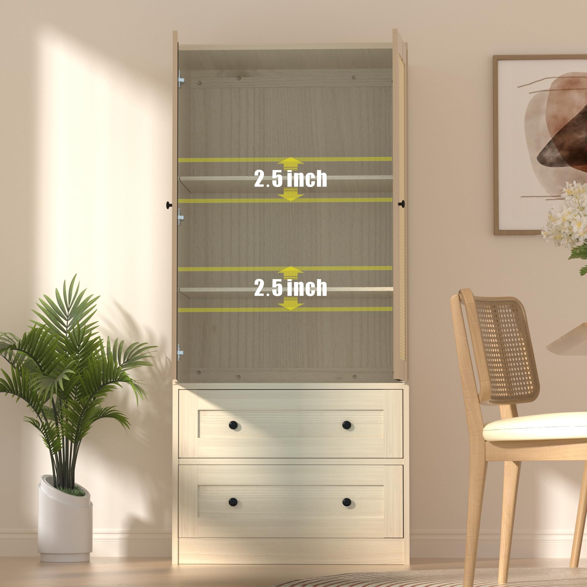 Rattan Oak Kitchen Pantry Cabinet with Doors & Drawers - 64.2