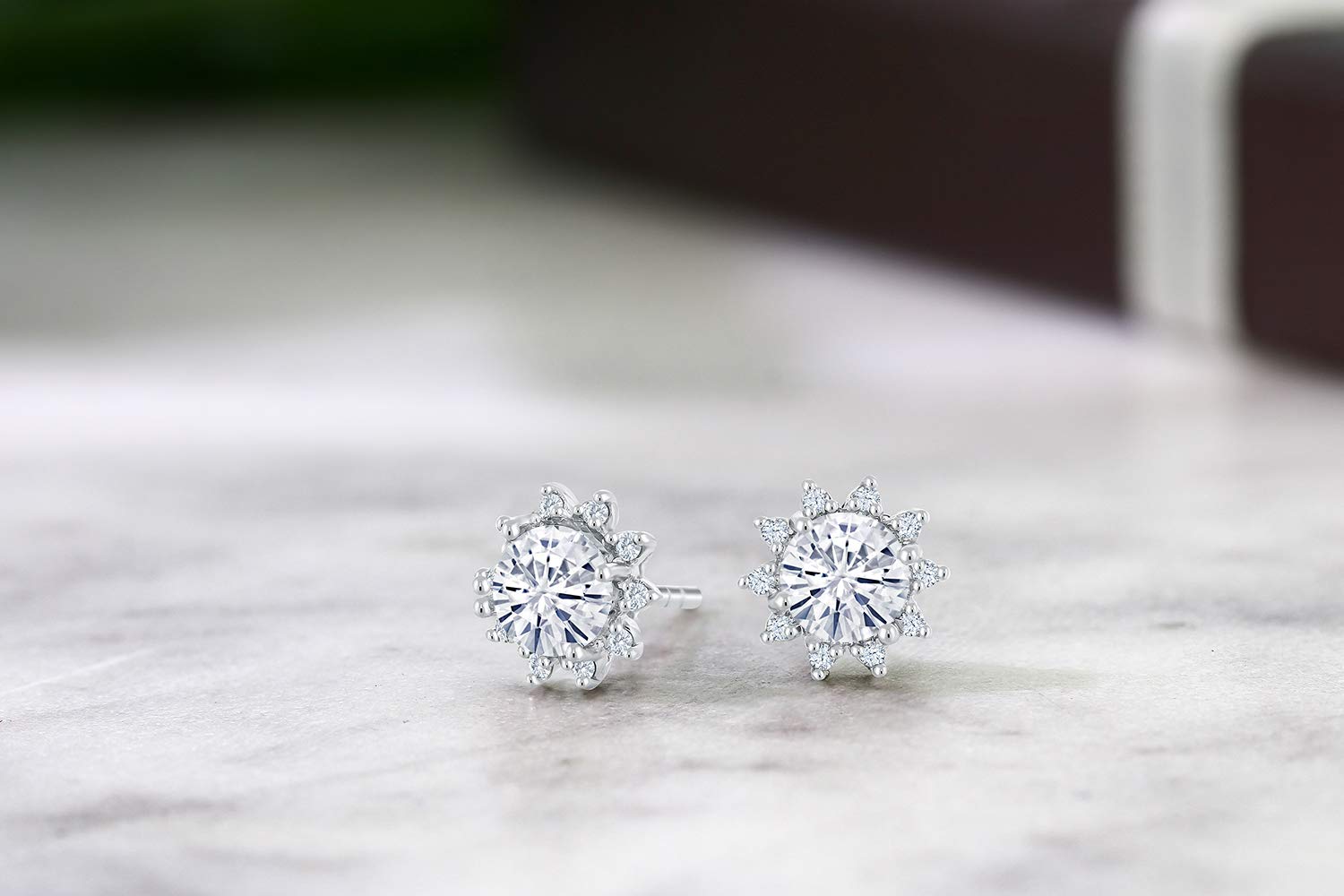Gem Stone King 18K White Gold Gemstone Birthstone & White Diamond Halo Stud Earrings for Women | Elegant White Gold Jewelry Gift for Anniversary, Birthday & Special Occasions