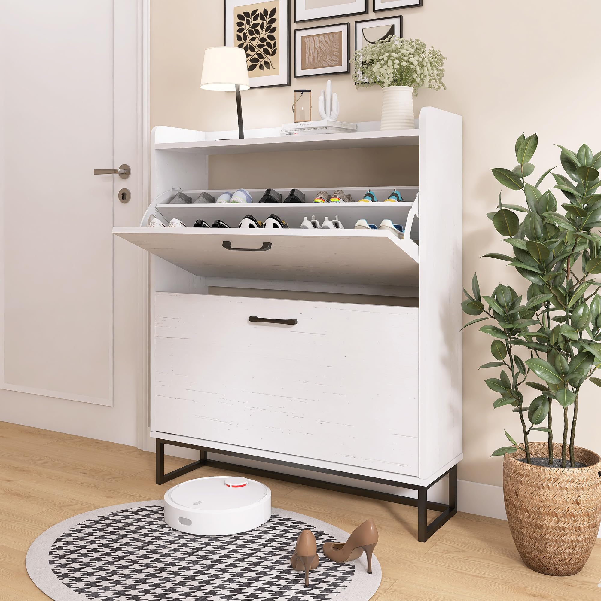 2-Tier Flip-Drawer Shoe Storage Cabinet - Narrow Entryway Shoe Organizer with Adjustable Shelves & Sturdy Metal Legs | Freestanding Hidden Shoe Rack for Hallway, Living Room, Bedroom (Grain White) - Perfect for Small Spaces & Clutter-Free Home Organization