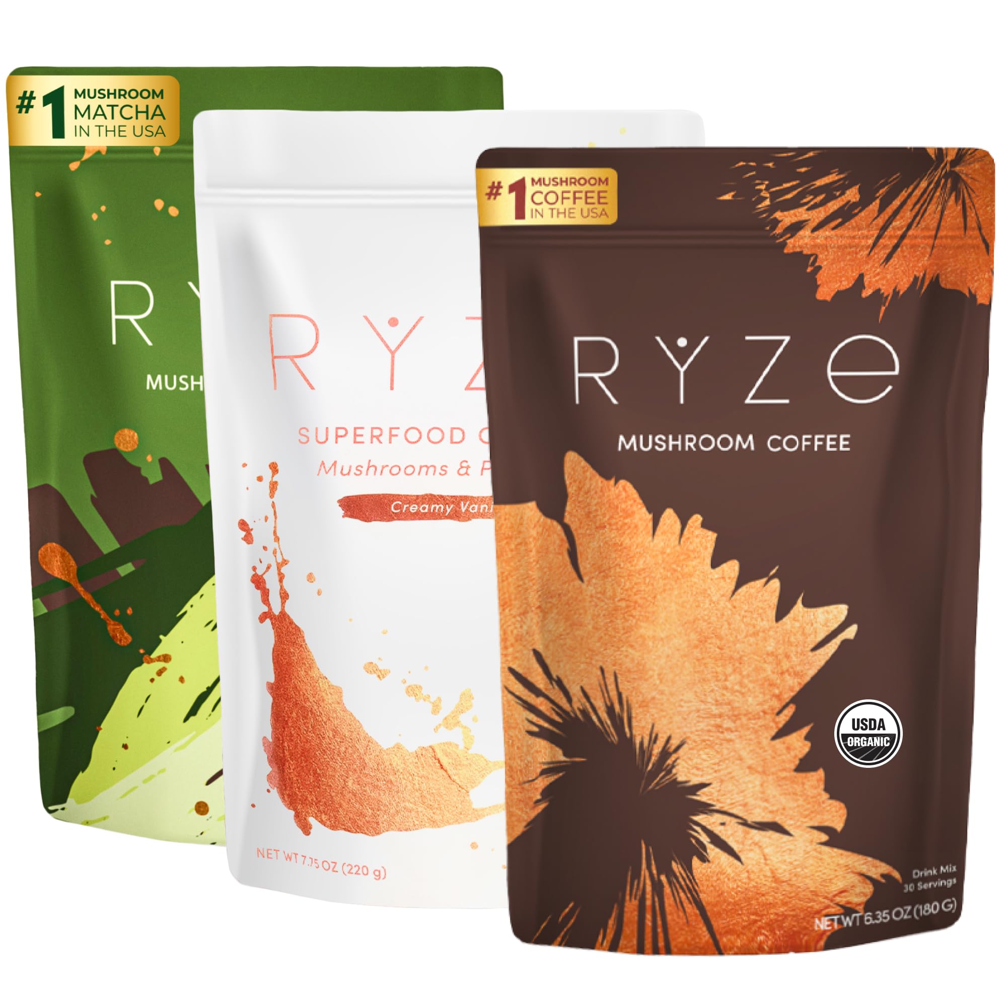 RYZE Ultimate Energy Bundle - USDA Organic Mushroom Coffee & Mushroom Matcha with Probiotic Creamer | 6 USA-Grown Adaptogenic Mushrooms for Energy Boost, Mental Focus, Gut Health & Immune Support (90 Servings) | Perfect for Morning Routine, Workout Recovery & Stress Relief