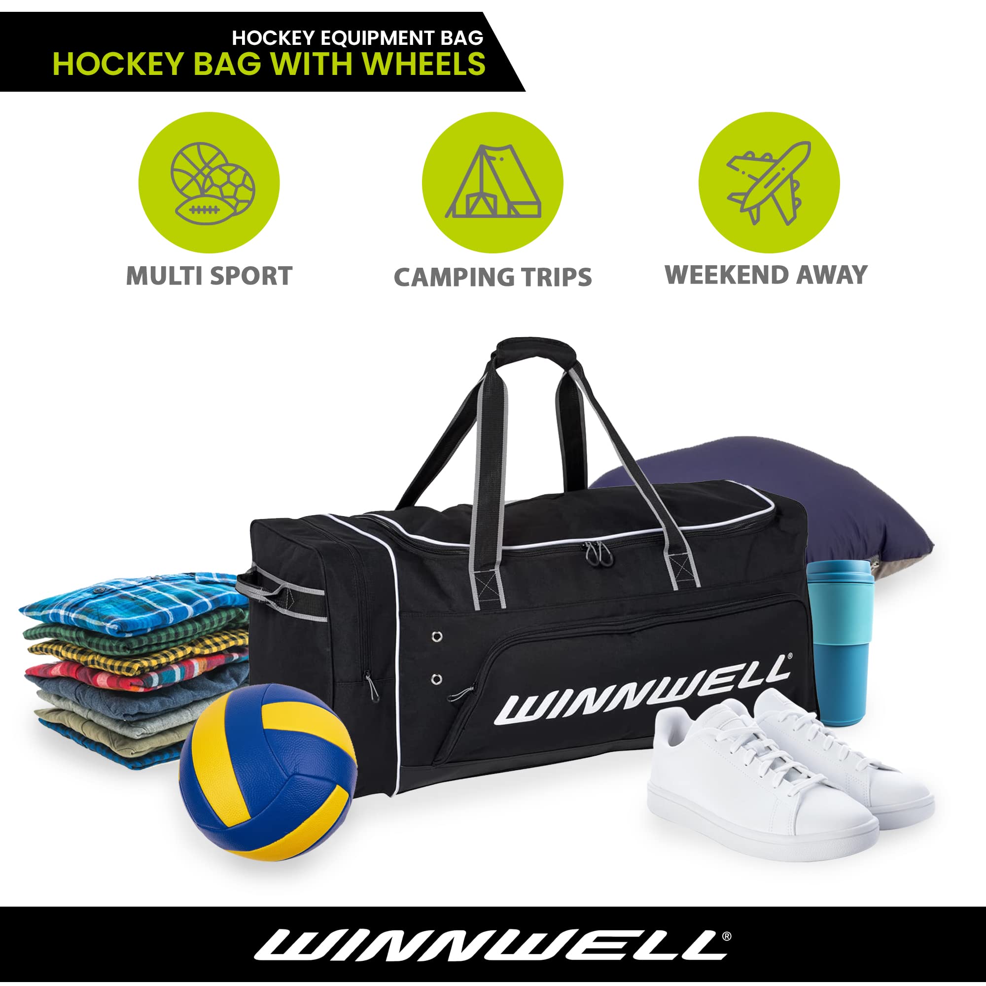 Winnwell Premium Hockey Wheel Bag with Telescopic Handle - Heavy Duty Oversized Roller Gear Bag for Ice Hockey Equipment - Perfect for Travel, Tournaments & Rink Storage