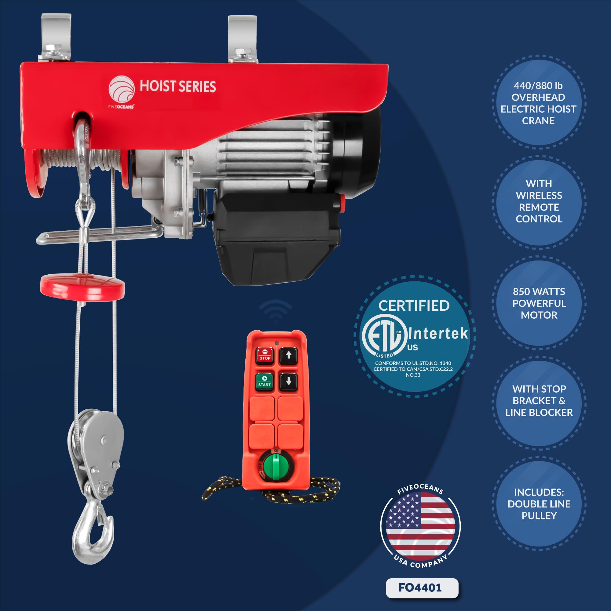 Five Oceans 880 Lb Electric Hoist with Wireless Remote Control - 110V Heavy Duty Winch & Pulley System for Garage, Workshop, Construction, and Industrial Lifting