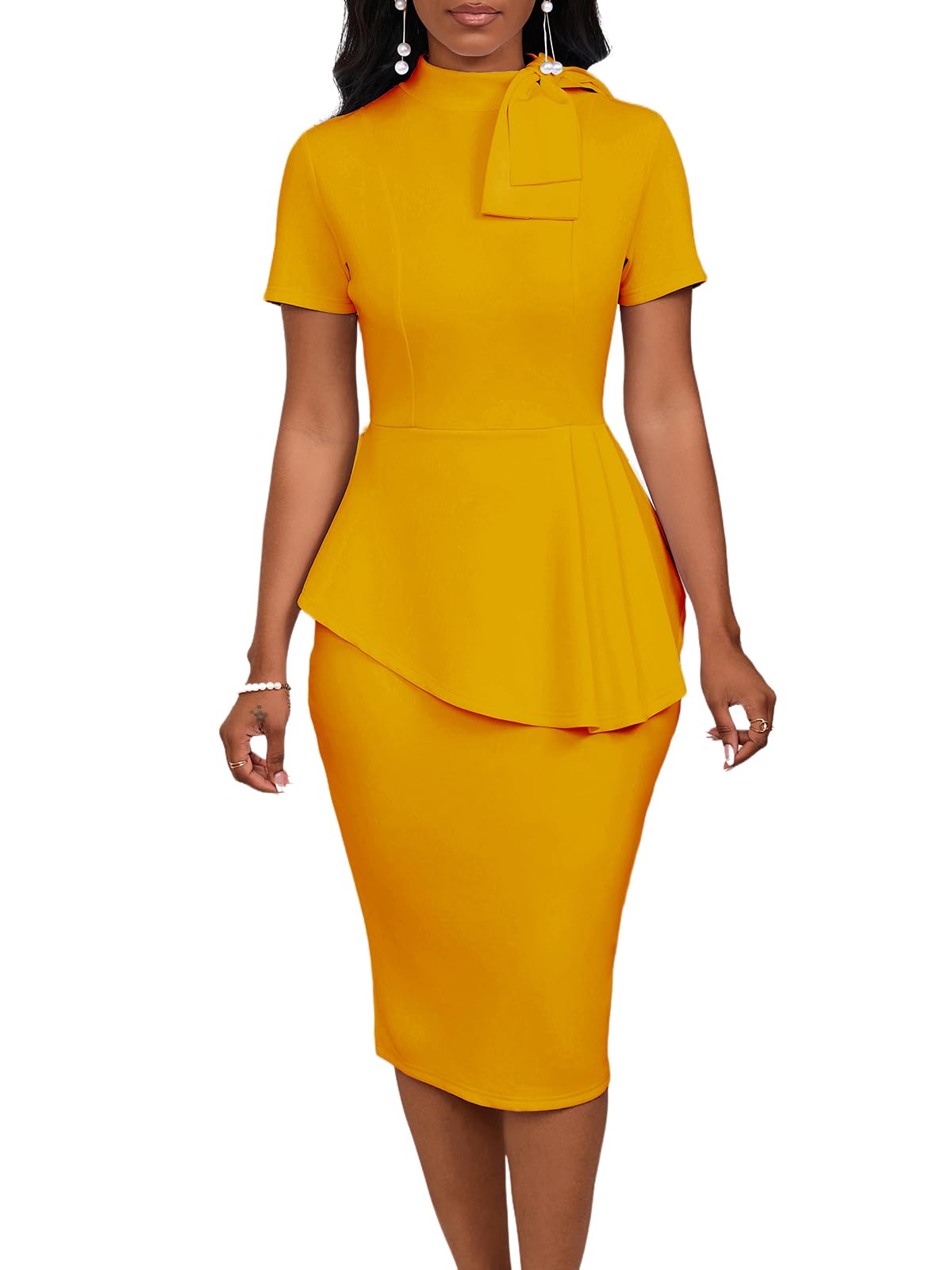 WanMem Women's Formal Bodycon Peplum Cocktail Dress - Short Sleeve Bow Ruffle Pencil Party Midi Dress for Evening Events, Weddings & Night Out