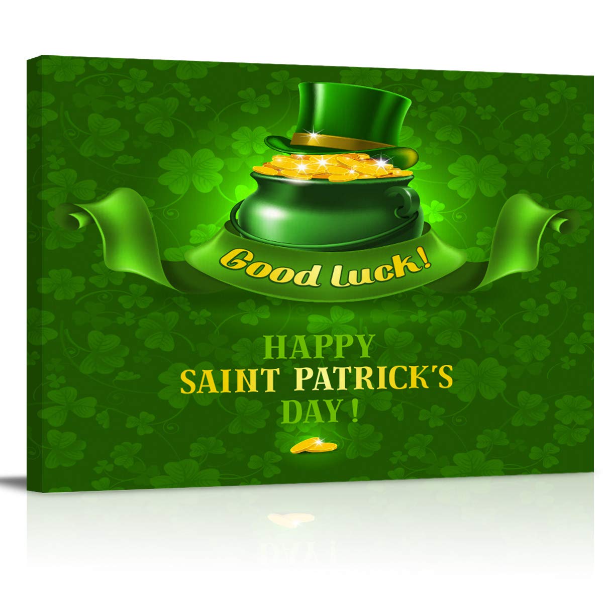 COLORSUM St. Patrick's Day Wall Art - Framed Good Luck Clover with Hats & Coins Canvas Painting - 36x24 Inch Ready to Hang Home Decor for Living Room, Bedroom, Kitchen - Perfect for Irish Themed Parties & Holiday Gift Giving