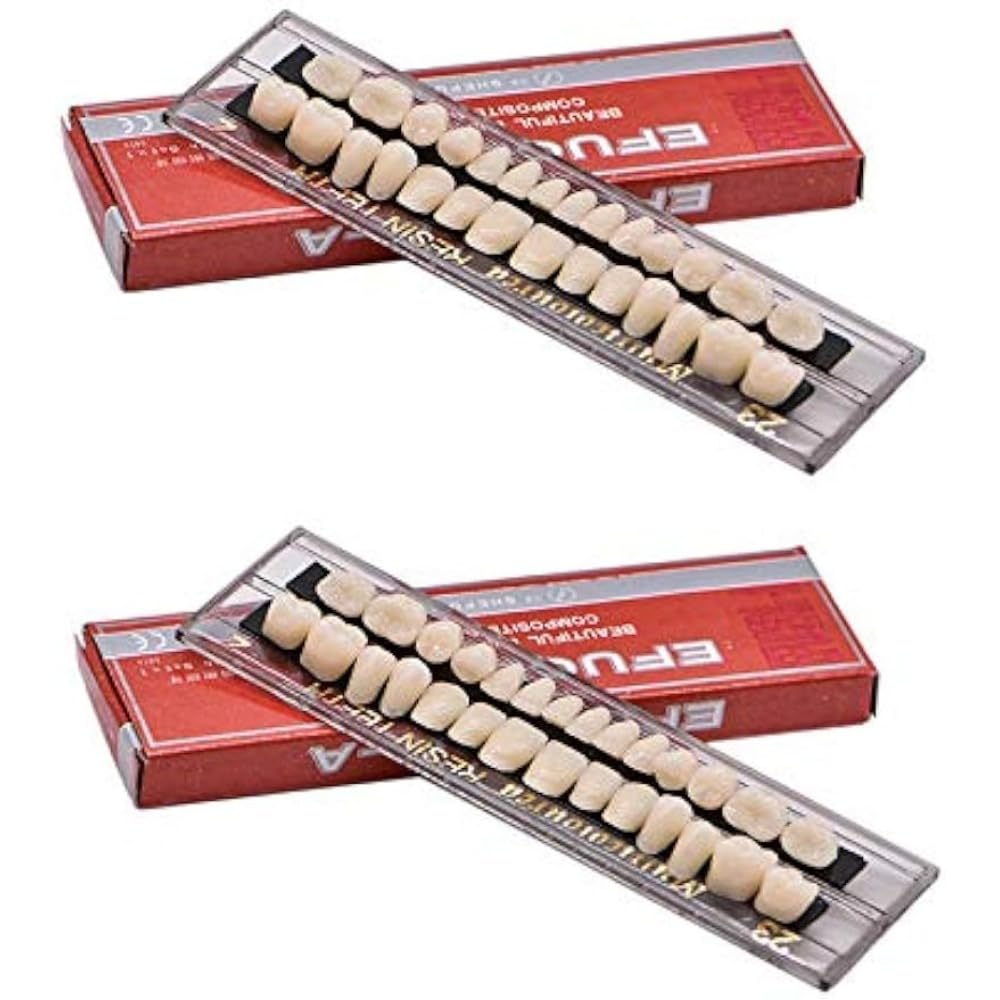 56 Pcs Dental Acrylic Resin False Teeth Kit - 2 Sets (23pcs/Set) A2 Shade for Halloween Cosplay, Horror Props & DIY Dental Practice - Perfect for Costume Parties, Movie Effects & Dental Training