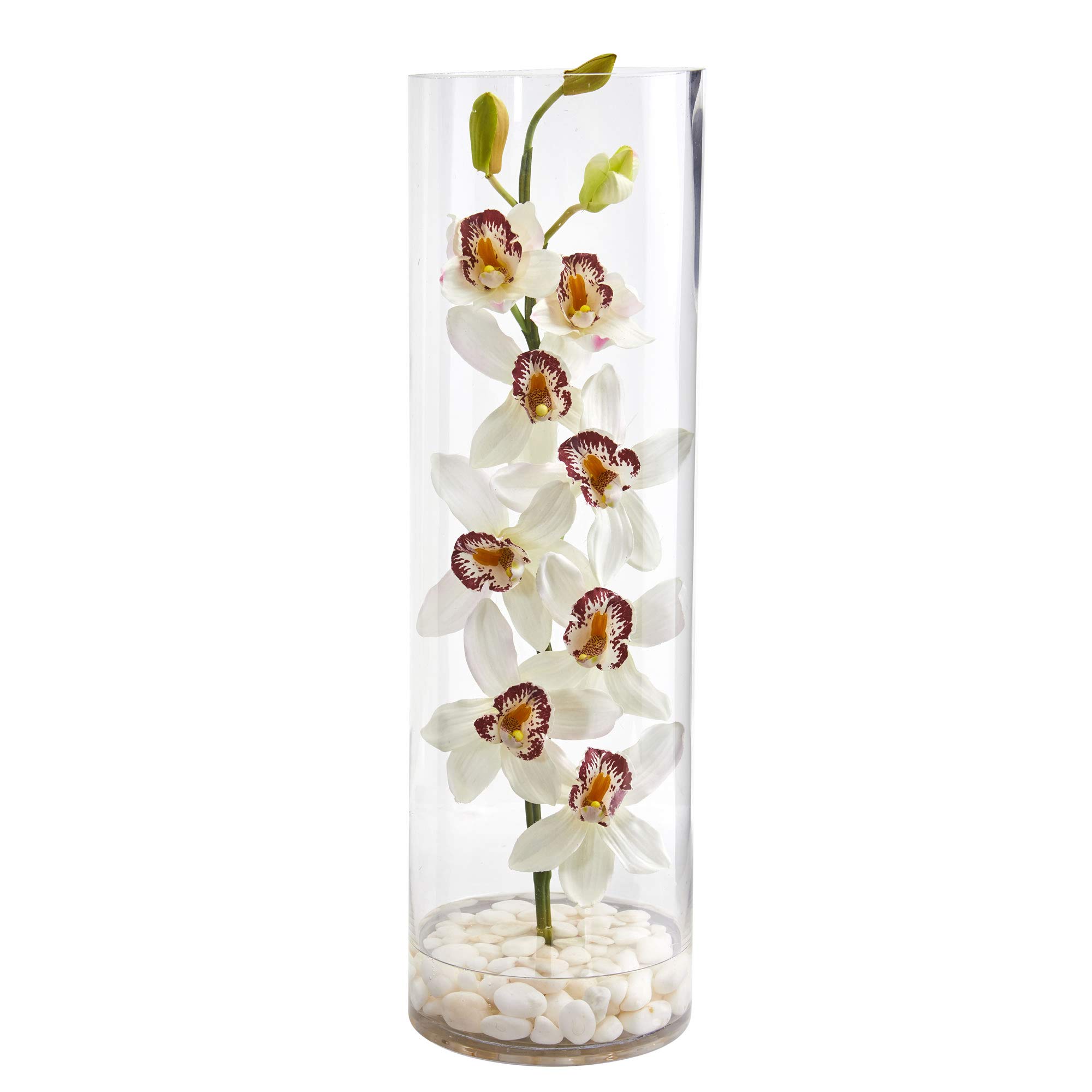 Nearly Natural Cymbidium Orchid Artificial Silk Flower Arrangement in Tall Glass Cylinder Vase - Perfect for Home Decor, Office, Wedding Centerpieces & Gift Giving