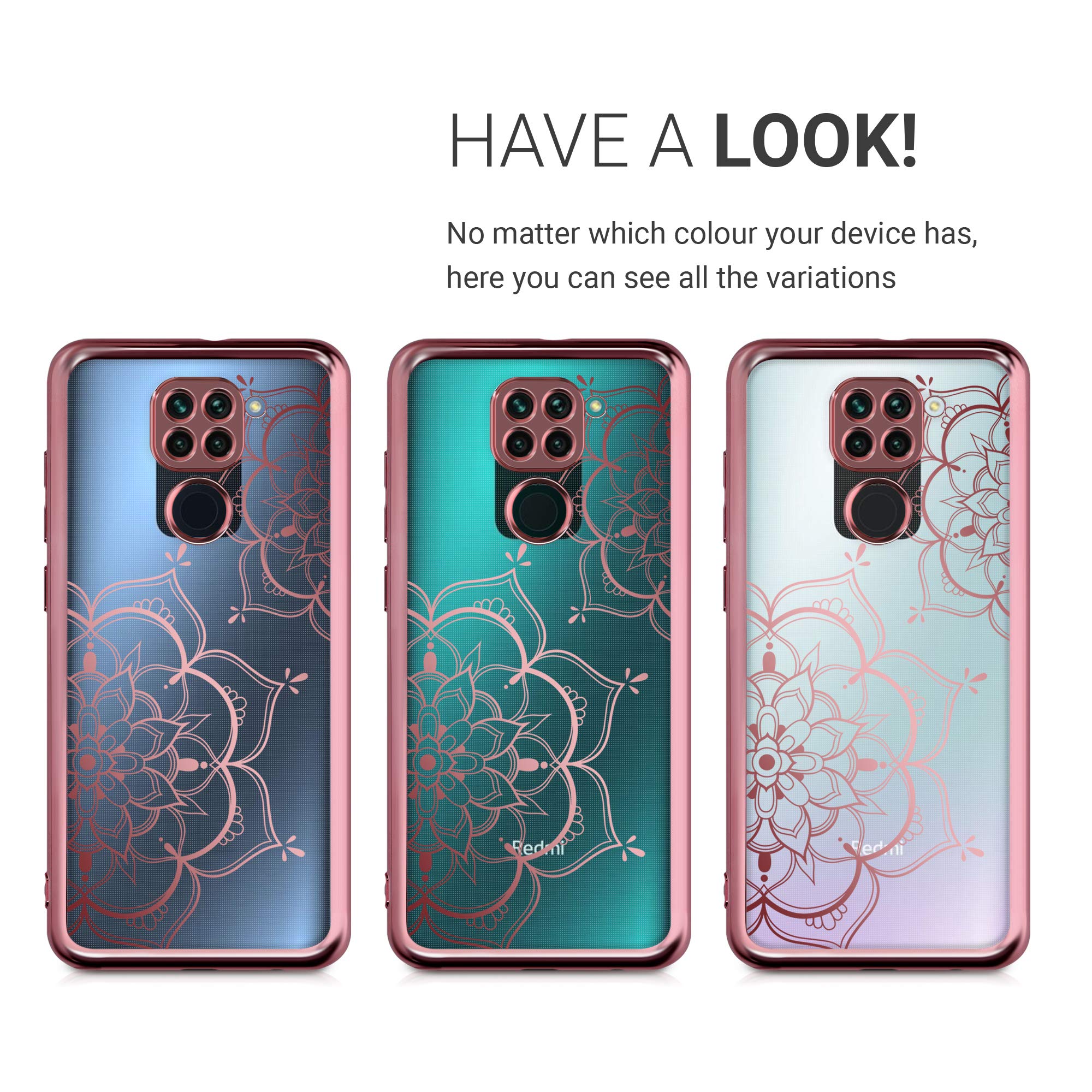 kwmobile Crystal Clear TPU Case for Xiaomi Redmi Note 9 - Soft Flexible Transparent Silicone Phone Cover with Rose Gold Flower Design - Perfect for Everyday Protection & Style Enhancement