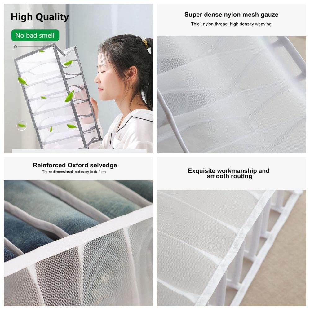 7 Grids Washable Wardrobe Clothes Organizer - Foldable Jeans Storage Divider - Mesh Closet Drawer Organizer with Visible Compartments (Gray) - Perfect for T-Shirts, Pants & Sweaters Organization