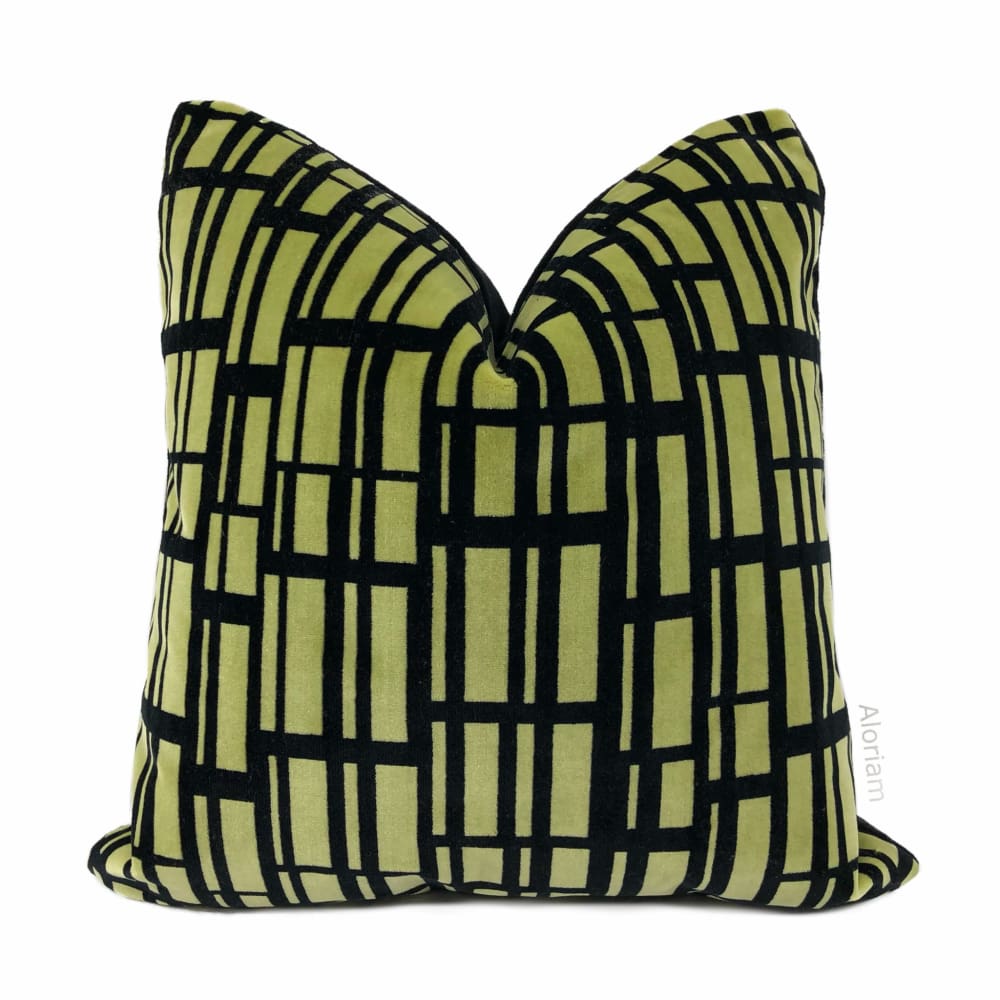 Brunschwig & Fils Black Chartreuse Gridlock Velvet Pillow Cover - Luxurious Decorative Throw Pillow Case for Sofa, Bed & Home Decor (Fabric Also Sold by the Yard)