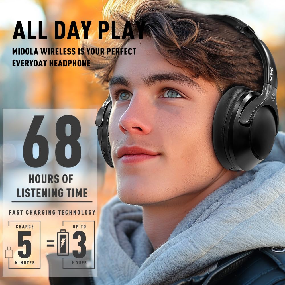 Bluetooth 5.3 Wireless Over-Ear Headphones with Microphone - 68H Playtime, HiFi Stereo, Deep Bass, 6 EQ Modes, Foldable & Lightweight Design - Perfect for Travel, Home Office, and Cellphone Use (Black)