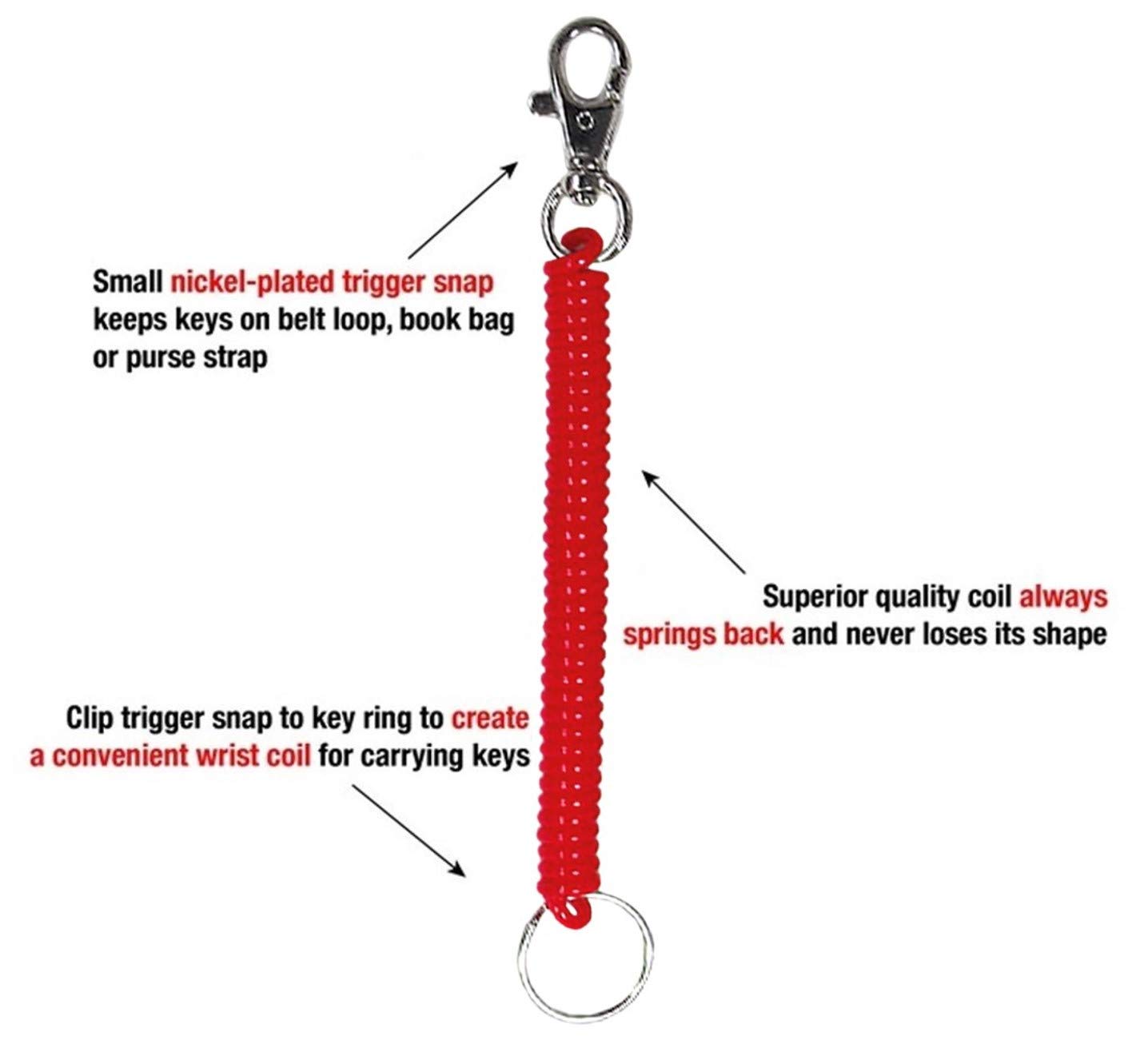 Lucky Line Mini Coil Trigger Snap with Key Ring - 5 Pack (Red) | Durable Keychain for Keys, Purses, Backpacks & Belts | Perfect for School, Travel, Casino & Party Favors | Stocking Stuffers Gift Idea (Model 4137005)