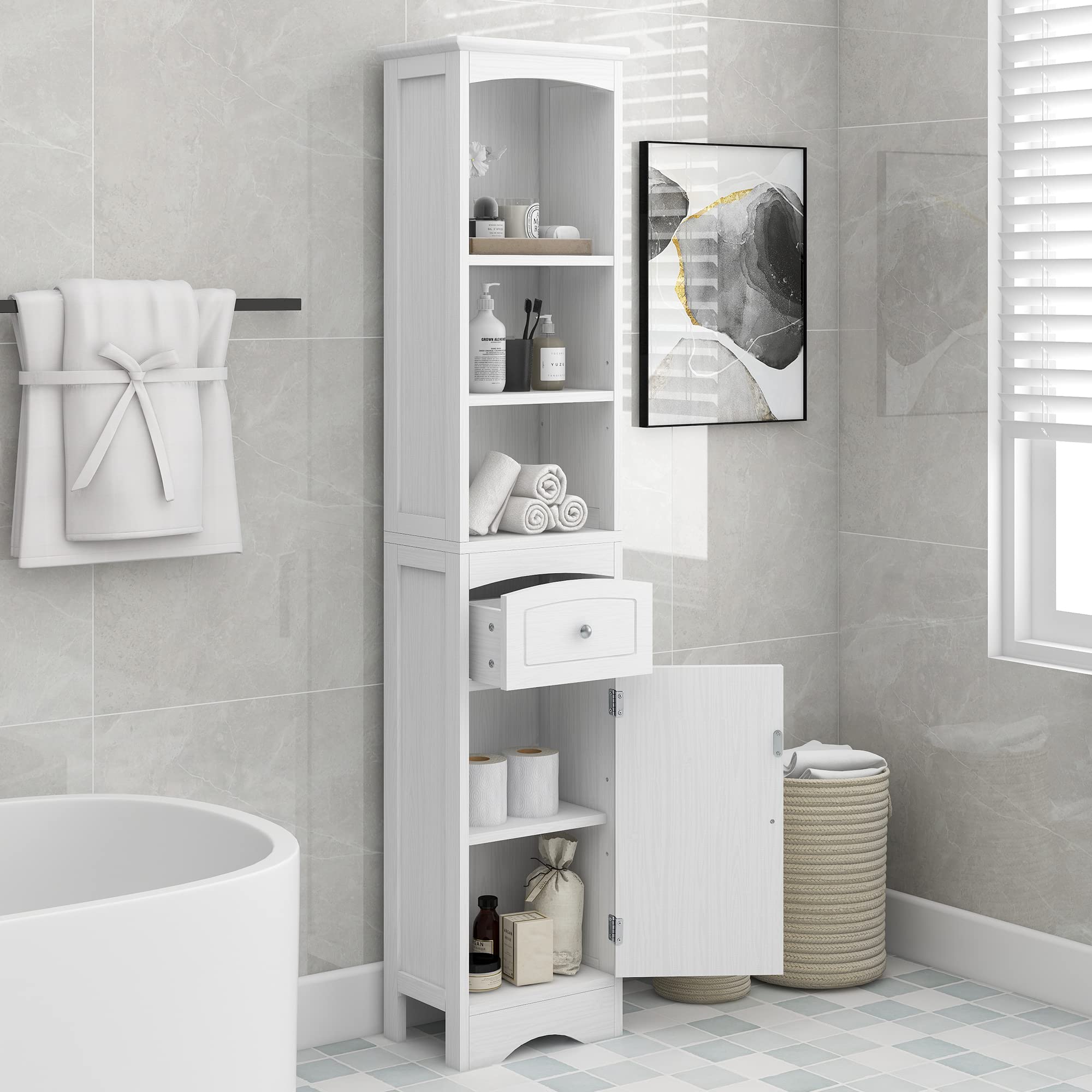 P PURLOVE Narrow Tall Bathroom Storage Cabinet with Drawers & 3-Tier Open Shelves - Adjustable Shelf Floor Cabinet for Bathroom, Living Room, Kitchen - Perfect for Small Spaces, Organizing Toiletries, Towels & Cleaning Supplies (White)