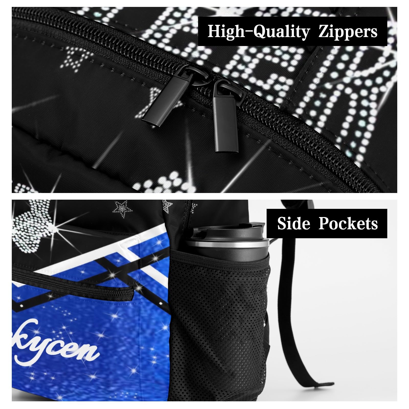 Custom Cheerleading Backpack for Girls - Personalized Name Cheer Bag with Adjustable Straps | Perfect for School, Gym & Cheer Practice (Blue & Black)