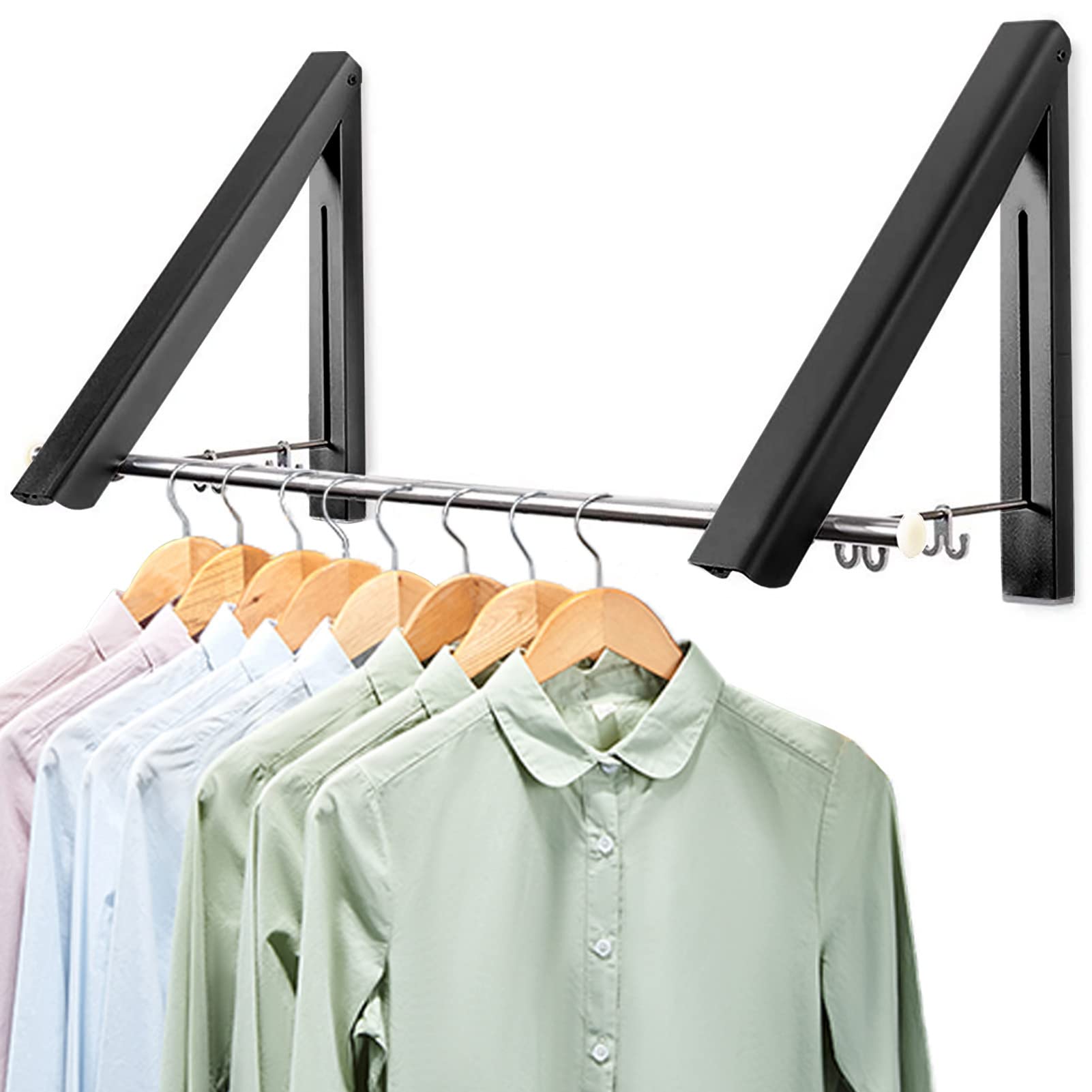 Foldable Wall Mounted Drying Rack - 2 Pack Retractable Clothes Hanger with Rod for Laundry Room, Balcony & Small Spaces - Space Saving Clothes Drying Solution for Apartments & Homes (Black)