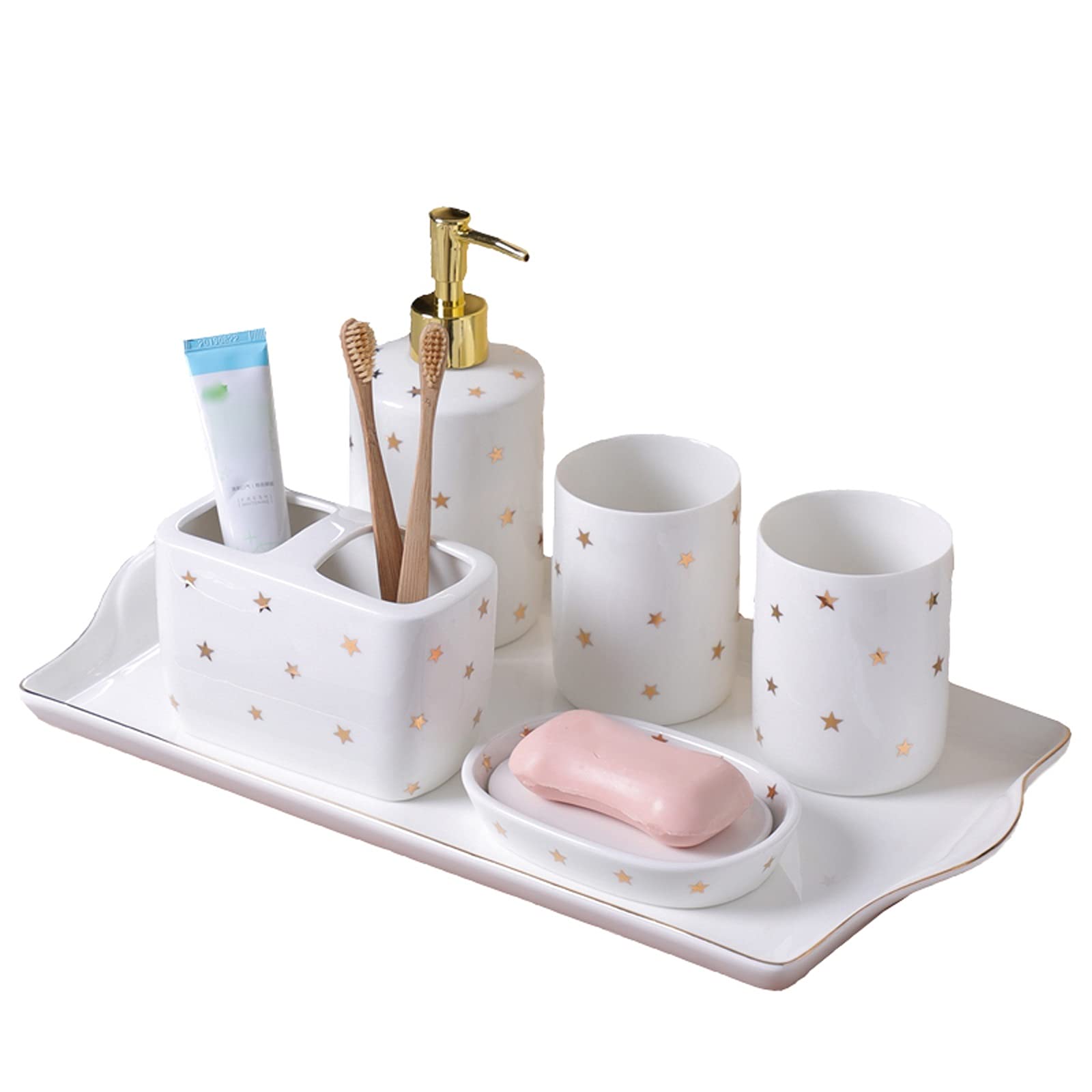 OUMIFA Handmade Ceramic Soap Dispenser Set - 6-Piece Bathroom Organizer with Soap Dispenser, Mouthwash Cup, Toothbrush Holder, Soap Box & Tray - Elegant Countertop Storage for Couples & Households - Perfect for Modern Bathrooms, Guest Suites & Spa-Style Vanities