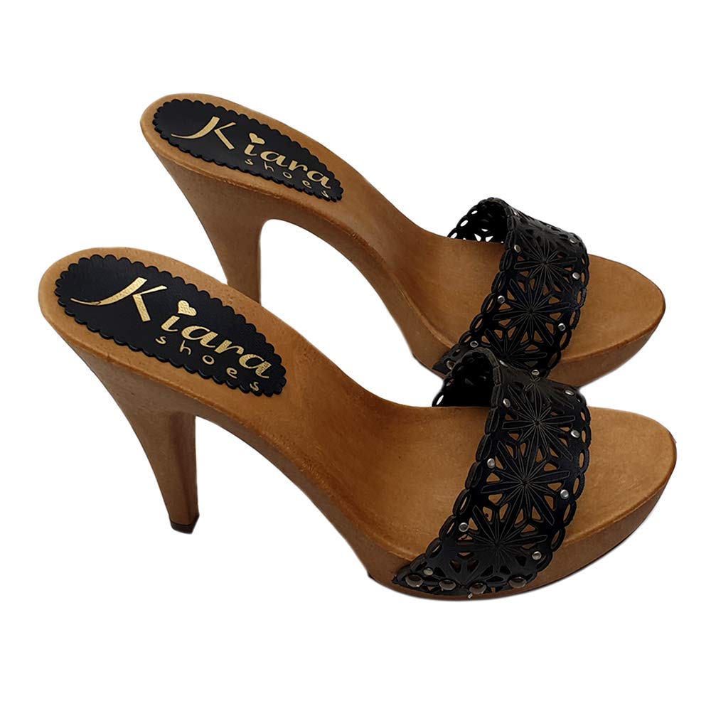 Women's Black Leather Laser Cat Clogs - Comfortable Slip-On Shoes for Women | K213401 Nero | Perfect for Casual Wear, Office & Outdoor Activities