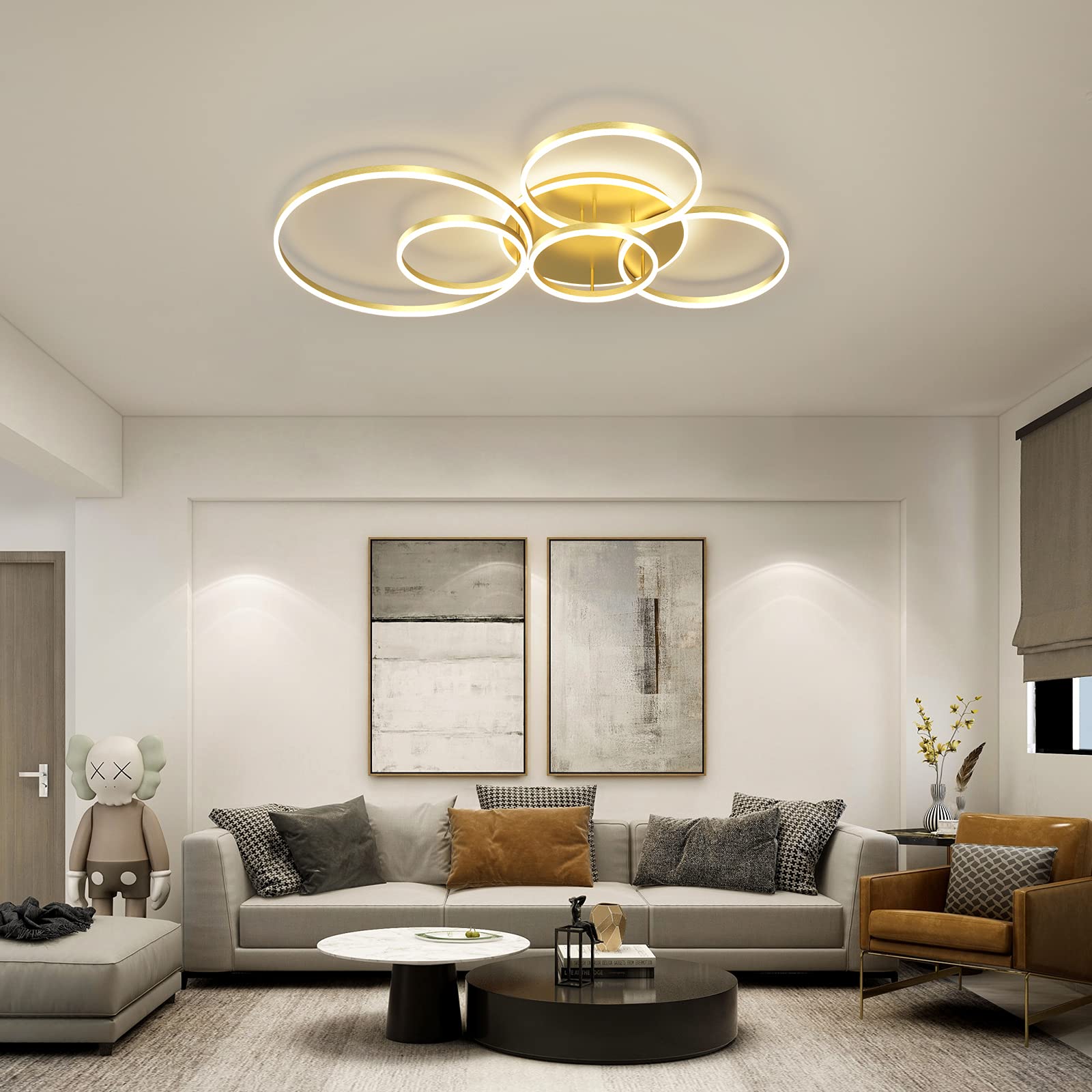 Modern 106W Dimmable LED Ceiling Light with Remote Control - 6 Ring Acrylic Flush Mount Chandelier in Gold Finish for Living Room, Dining Room, Bedroom & Kitchen | Energy-Efficient Home Lighting for Modern Interiors & Cozy Ambiance
