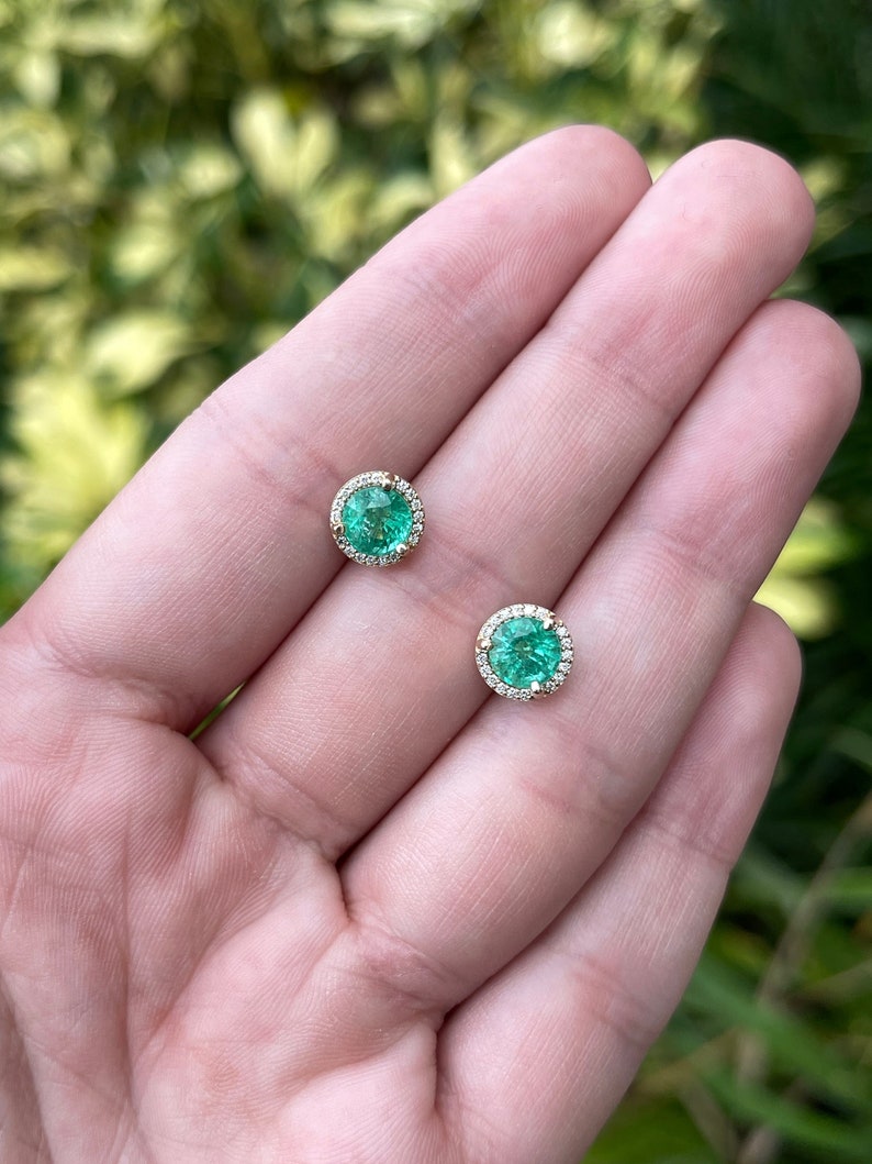 2.32tcw 14K Gold 8.5mm Round Emerald & Diamond Halo Stud Earrings for Women - Elegant Green Gemstone Jewelry Gift for Birthday, Anniversary & Special Occasions