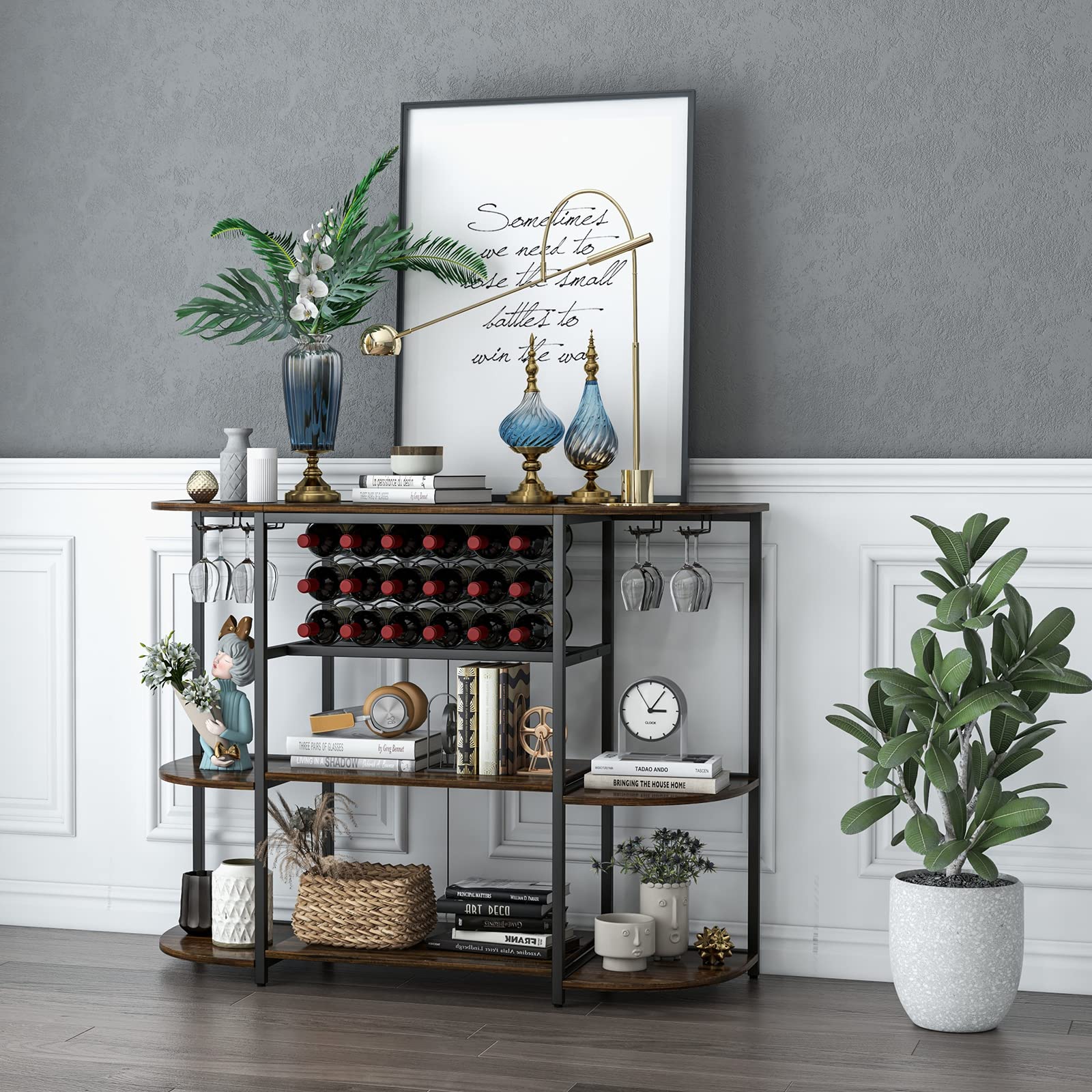 LOKO 47-Inch Industrial Wine Bar Cabinet with Wine Rack & Glass Holders - Freestanding Floor Bar Storage for Liquor, Wine Bottles and Glasses - Rustic Brown Finish for Home Kitchen, Dining Room, Bar or Entertainment Area