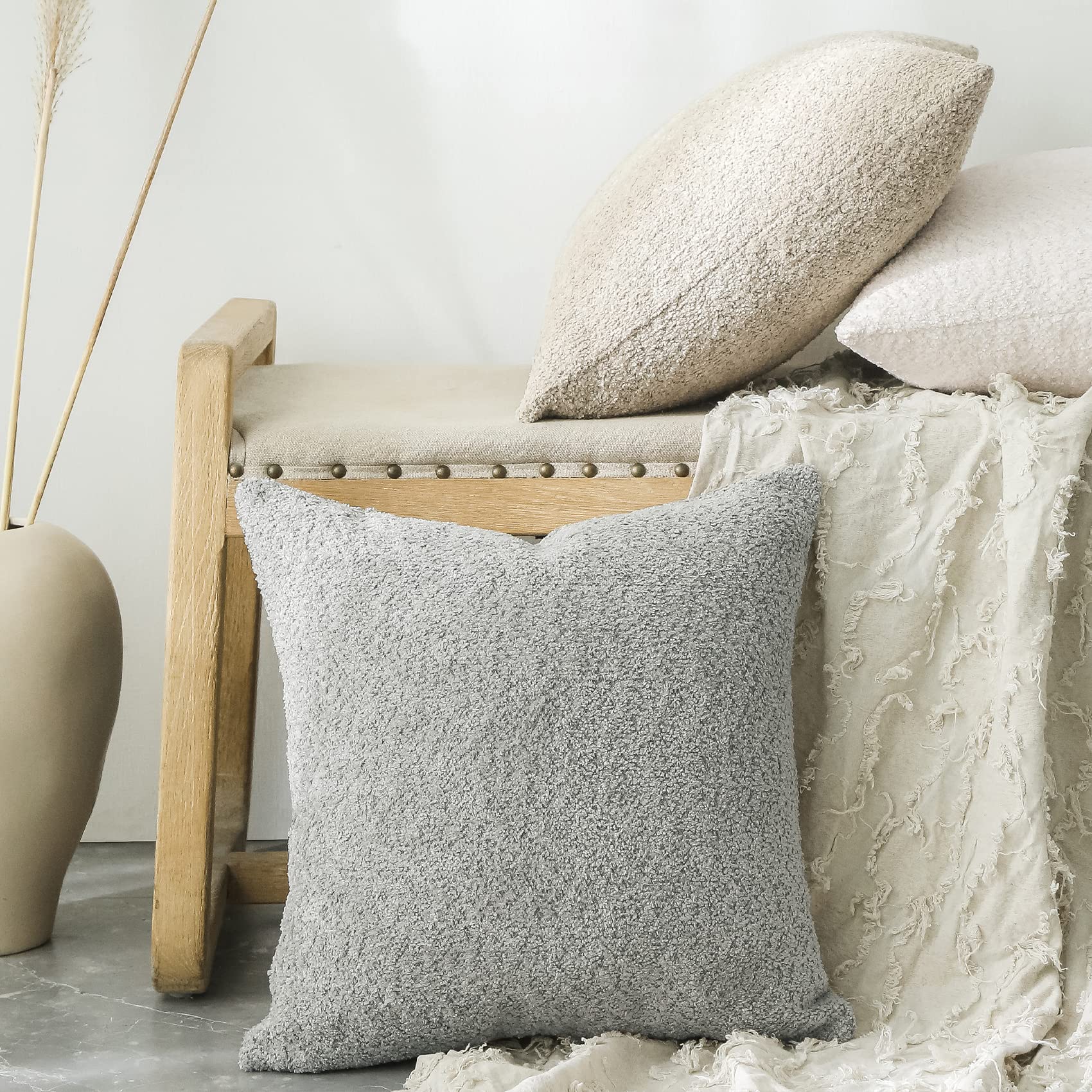 Farmhouse Throw Pillow Covers 18x18 Inch Set of 2 - Textured Rustic Decorative Pillow Cases for Bed, Couch & Living Room - Neutral Cool Grey Accent Cushions for Cozy Home Decor