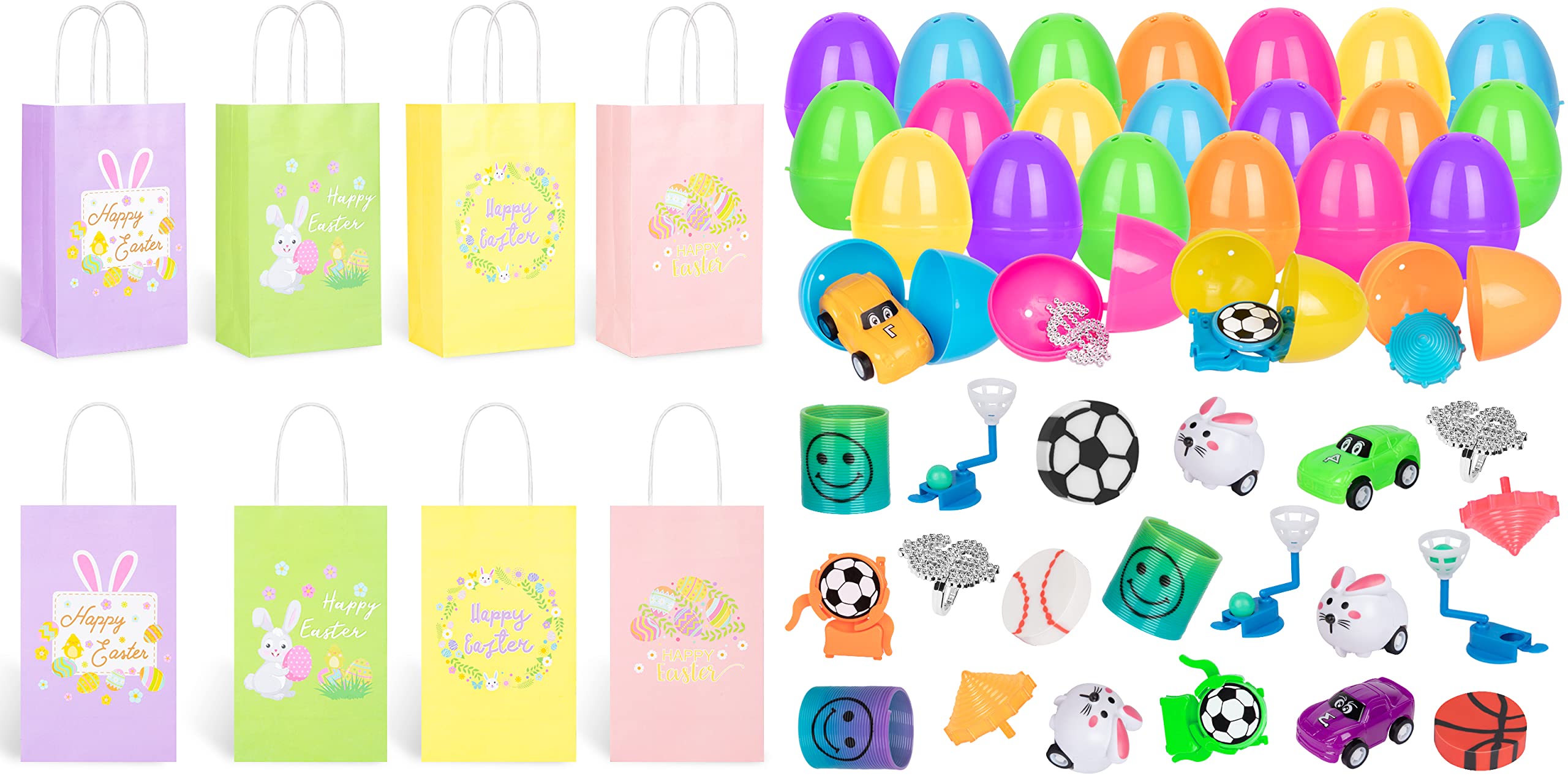 DECORLIFE 24 Pack Easter Gift Bags with Handles - Prefilled Easter Eggs for Kids, Party Favors, Egg Hunt, Classroom Treats & Spring Celebrations