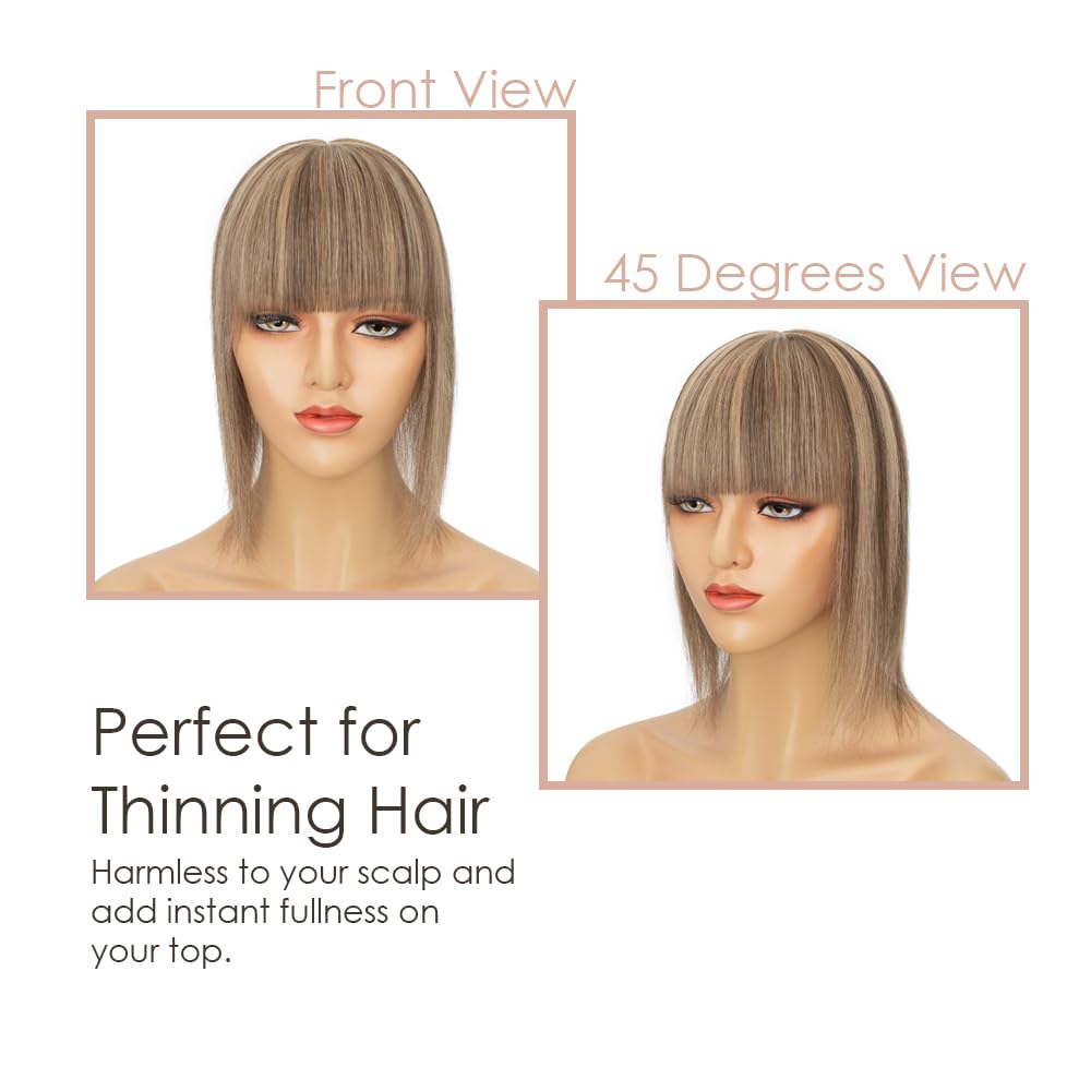 MY-LADY Human Hair Toppers for Women - 150% Density Remy Hair Silk Base Clip-in Hairpiece (7x13cm) with Bangs - Straight Hair Topper for Thinning Hair - 14 Inch #4P27 Medium Brown & Dark Blonde - Perfect for Daily Wear, Parties & Special Occasions