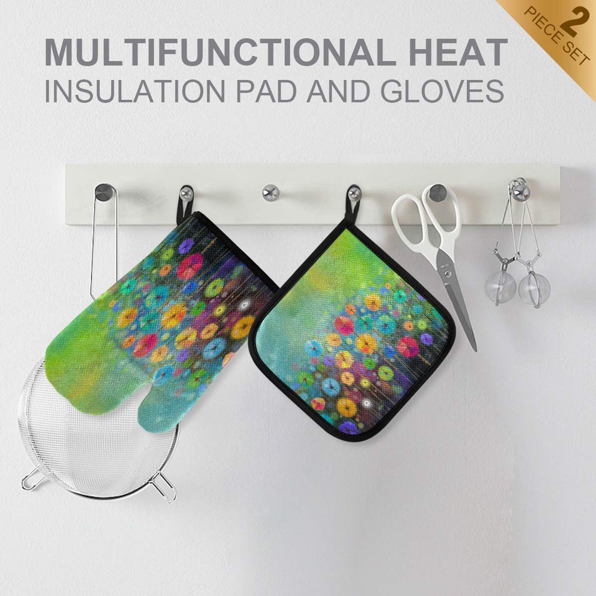 Heat Resistant Oven Mitts and Pot Holders Set - Spring Summer Autumn Winter Floral Design for Cooking, Baking, Grilling - Perfect Kitchen Accessories for Holiday Meals & BBQ Parties