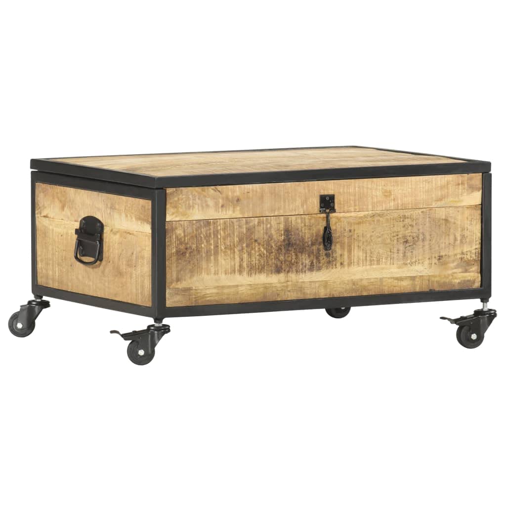 Solid Mango Wood Coffee Table with Wheels - Rectangular Brown Rustic Living Room Furniture - Large Storage Space, Easy Assembly & Durable Design for Home, Office or Outdoor Use