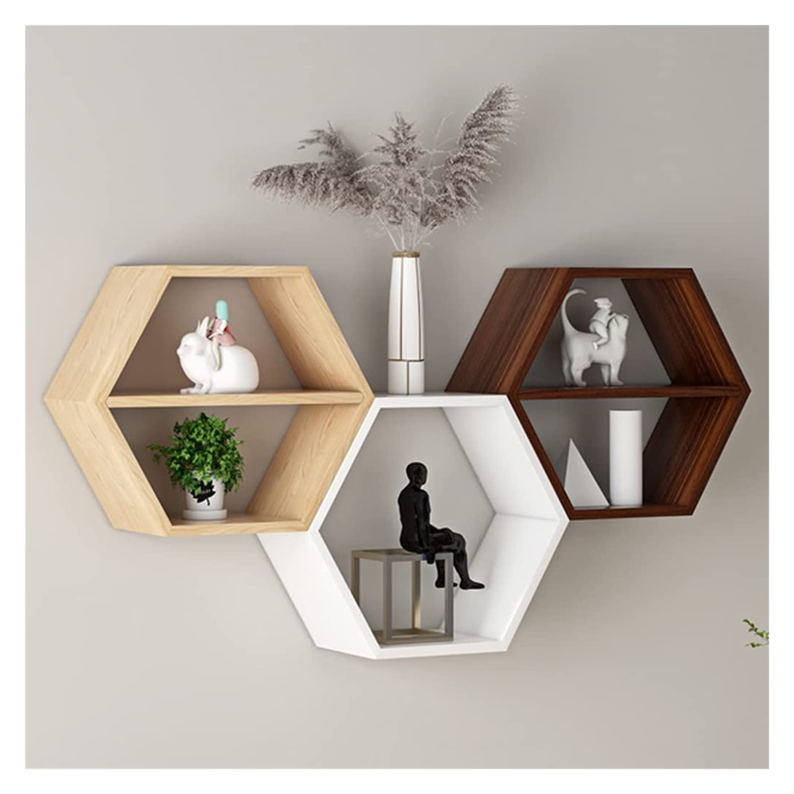 Hexagonal Floating Shelves Set of 3 - Honeycomb Wall Mounted Shelves for Farmhouse Decor - Perfect for Kitchen, Bedroom, Living Room & Office - Holds Photos, Plants, Books (30 x 9 x 26cm) - Ideal for Small Space Organization & Stylish Home Storage Solutions