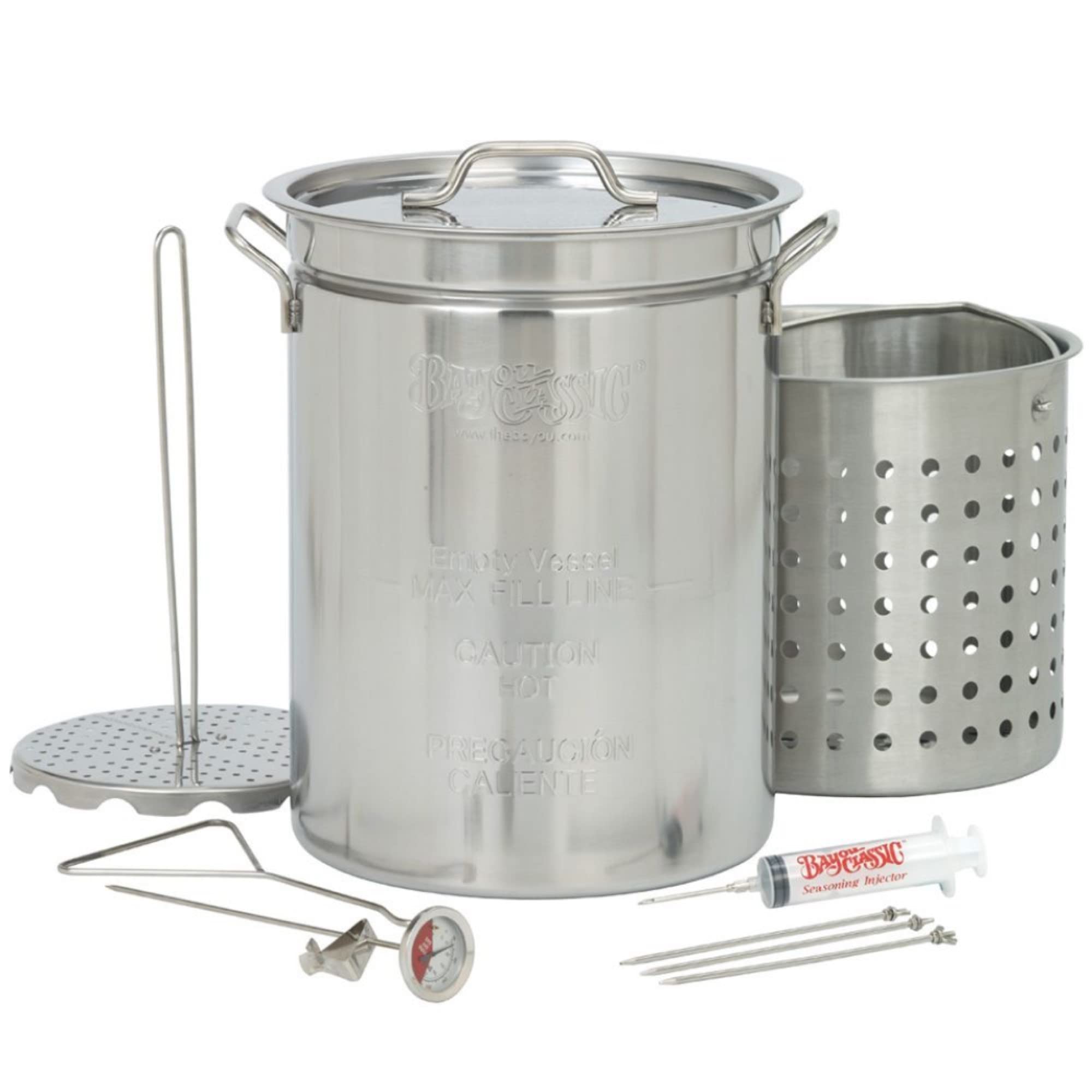 Bayou Classic 1118 32-Quart Stainless Steel Turkey Fryer Kit with Vented Lid, Poultry Rack, 12-Inch Fry Thermometer & Seasoning Injector - Perfect for Thanksgiving, Outdoor Cooking & Deep Frying Chicken, Seafood & More