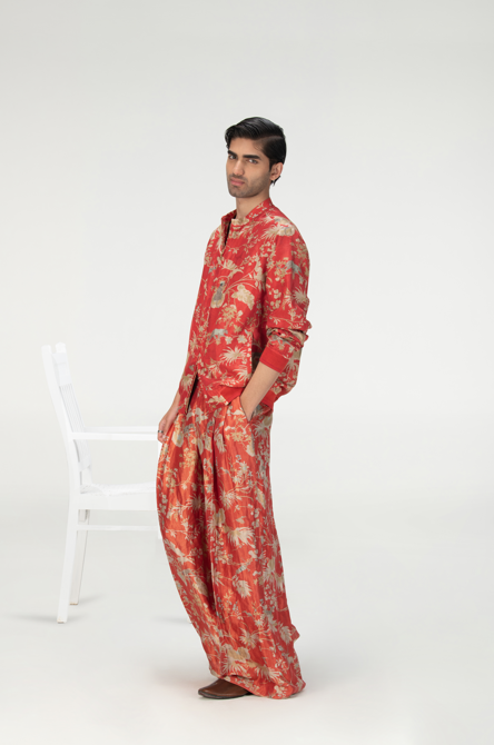 Janbaaz Men's Silk Bomber Jacket - Red Damask Print, Lightweight & Stylish for Casual Wear, Night Out, and Street Fashion