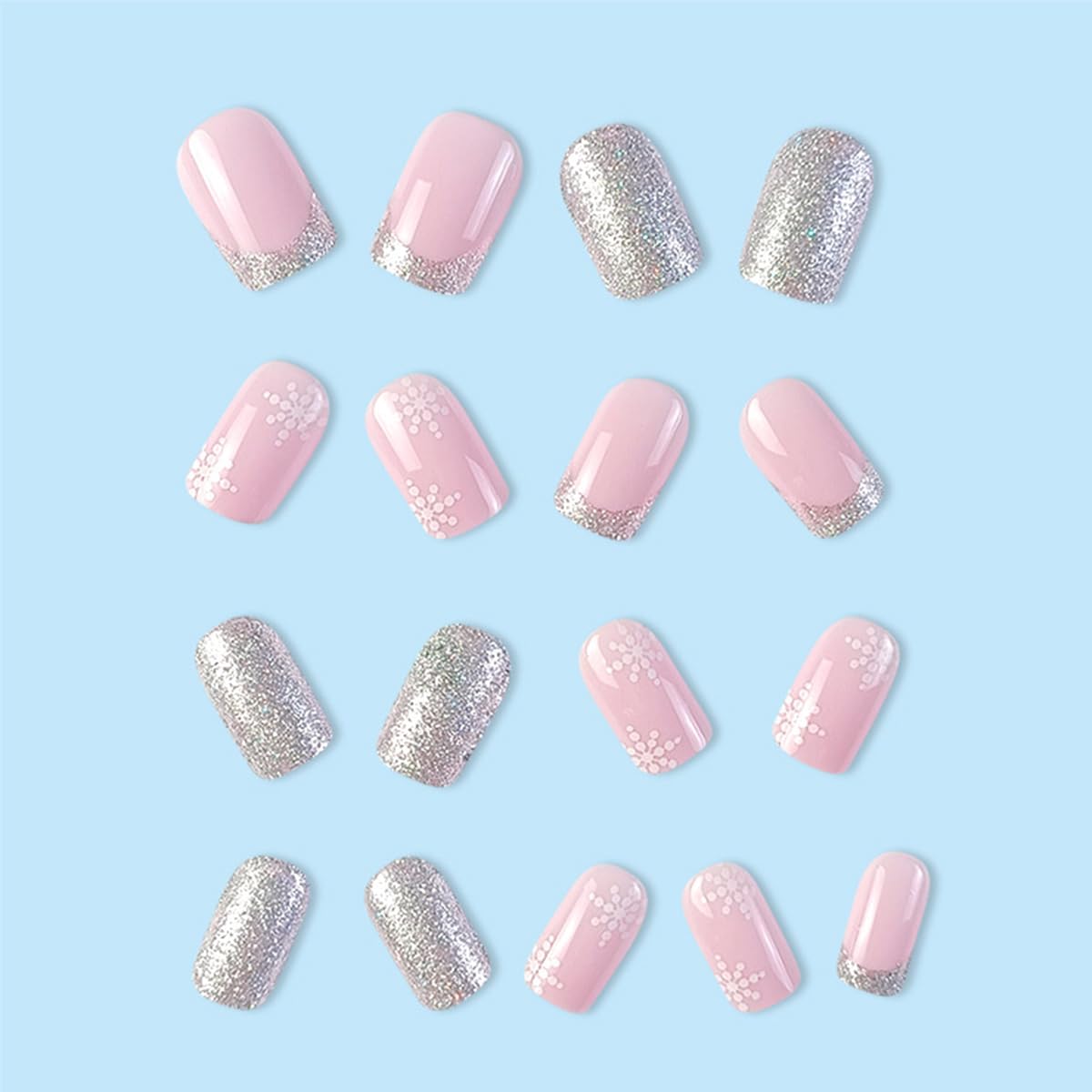 24Pcs Christmas Press-on Nails Short Square Snowflake Fake Nails with Glitter French Tips - Full Cover Acrylic Stick on Nails Winter Snowflake Design for Women & Girls - Perfect for Holiday Parties, Gift Giving & Festive Nail Art