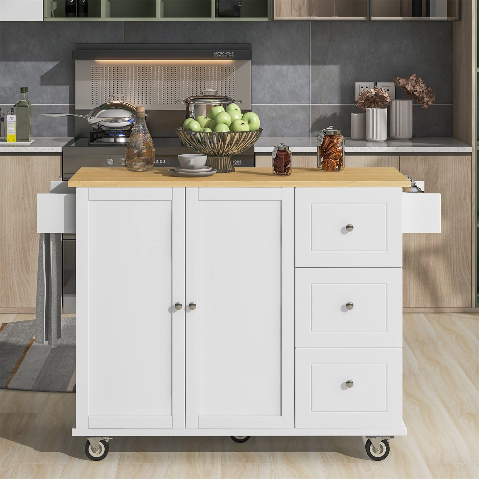 **White Kitchen Island Cart on Wheels with Drop-Leaf & Solid Wood Top - Rolling Kitchen Trolley with Storage Cabinet, 3 Drawers, Towel & Spice Rack - Perfect for Small Kitchens, Dining Rooms & Food Prep**