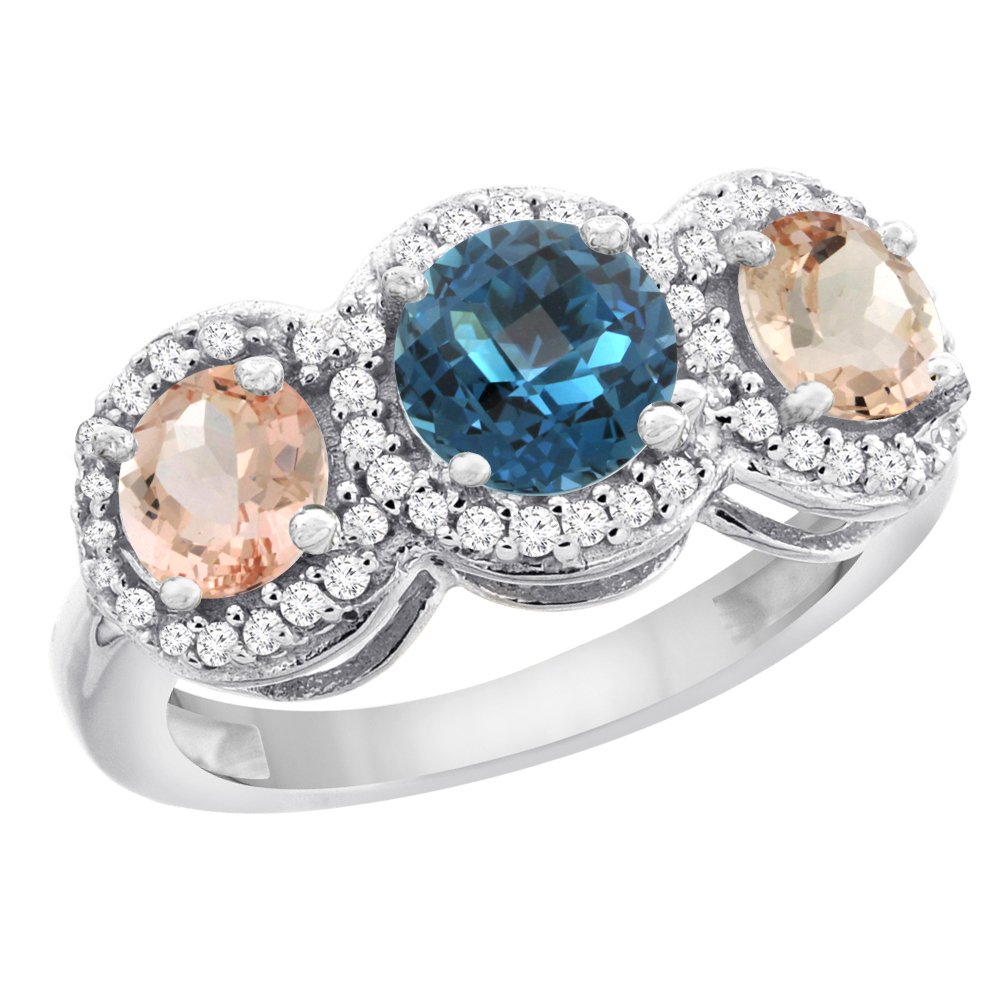 14K White Gold London Blue Topaz & Morganite 3-Stone Ring with Diamond Accents - Size 5-10 | Elegant Engagement, Anniversary & Wedding Jewelry Gift for Her