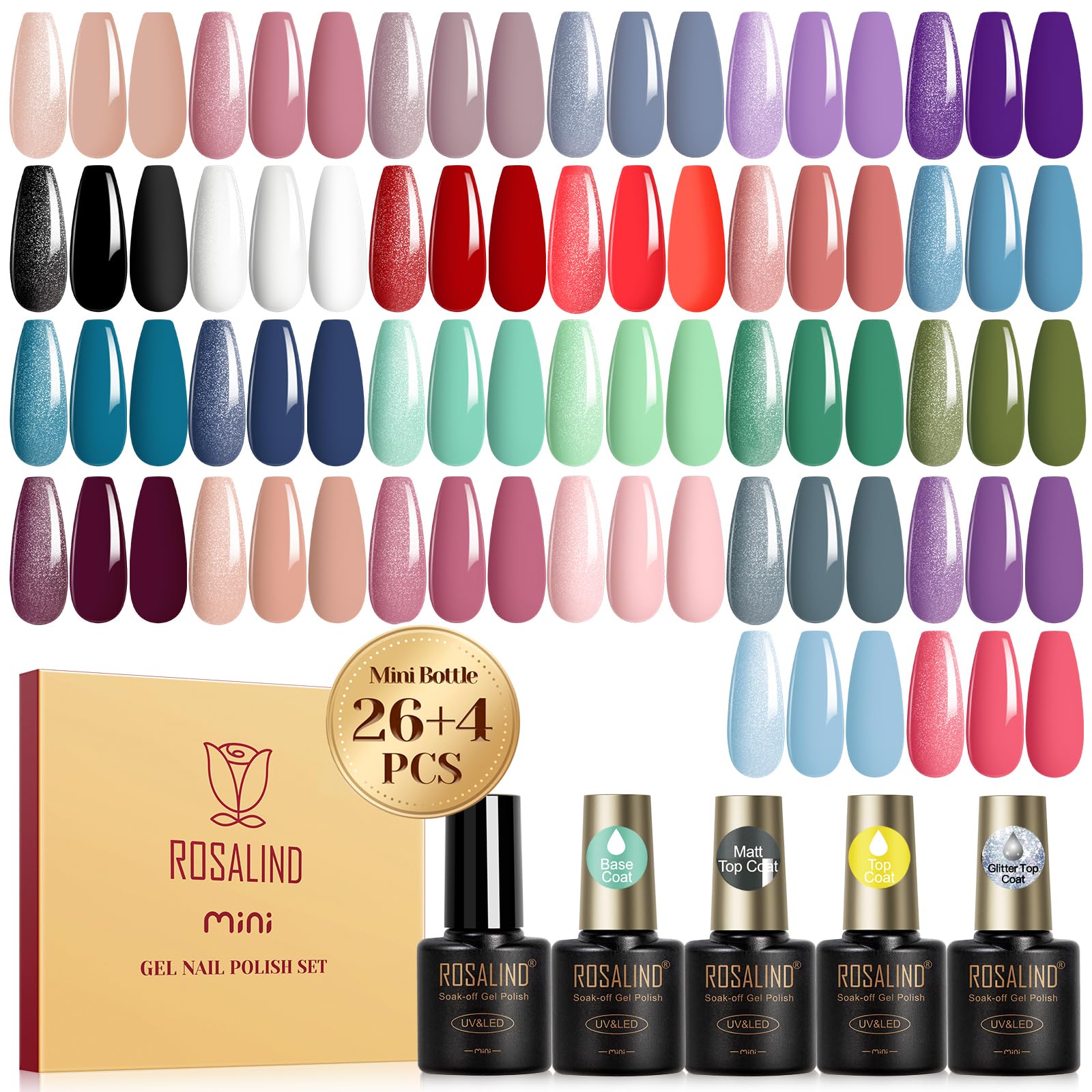 ROSALIND 30PCS Gel Nail Polish Set with Base Coat & Glossy Matte Glitter Top Coat - 26 Colors DIY Nail Art Kit for Beginners - Perfect for Home Manicures, Salon Use & Gift Giving