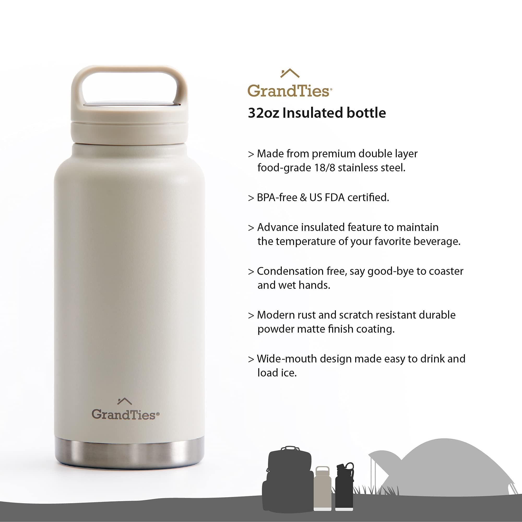 GrandTies 32oz Insulated Water Bottle - Wide Mouth Vacuum Stainless Steel Thermos with 2 Lids (Leakproof & Straw) | Keeps Drinks Cold 24Hrs/Hot 12Hrs | Perfect for Gym, Hiking, Camping & Office | BPA-Free (32oz, Ivory White)