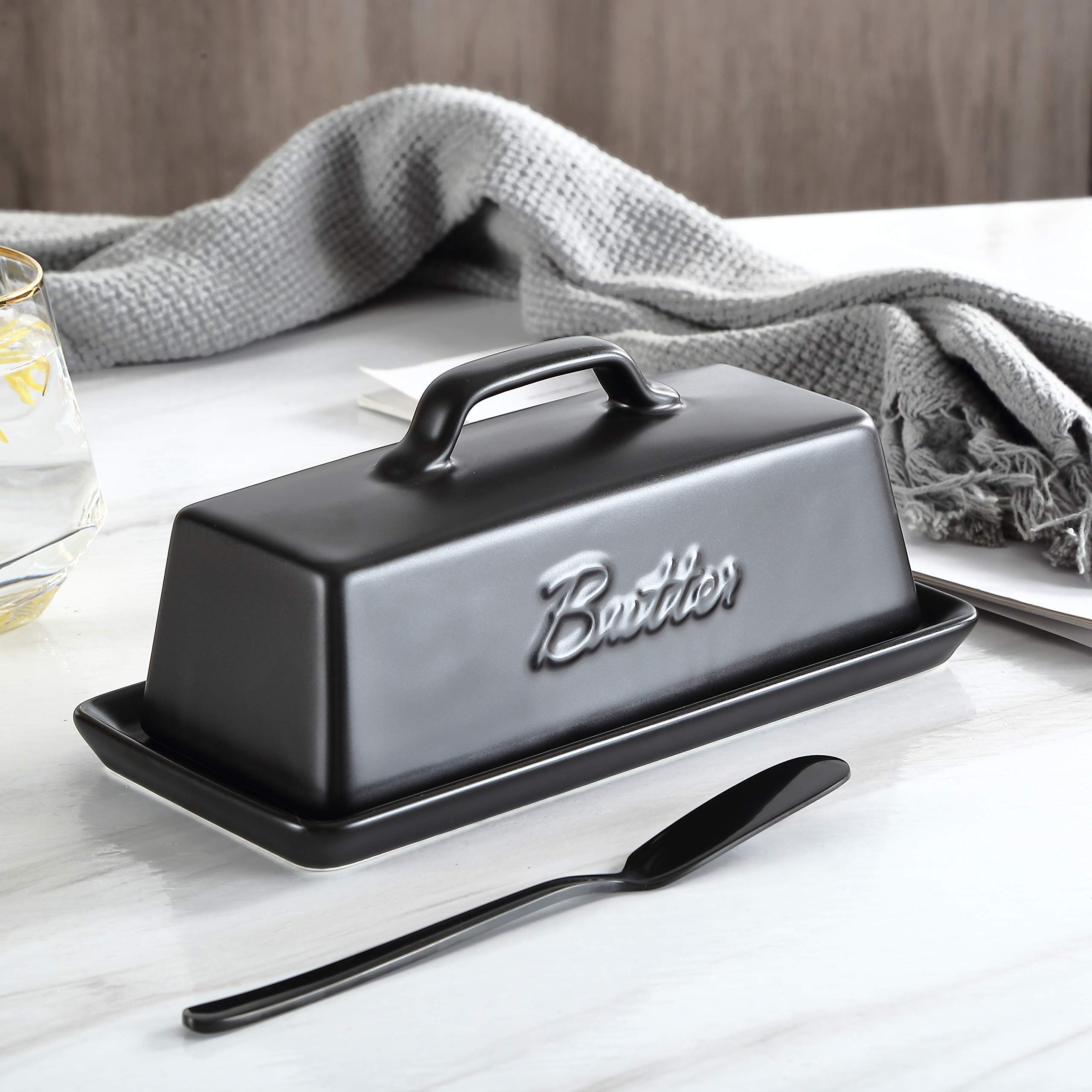 Bruntmor Black Ceramic Butter Dish with Lid - Porcelain Butter Keeper & Storage Tray with Handle for Countertop - Perfect for Kitchen, Dining Table, and Breakfast Buffet