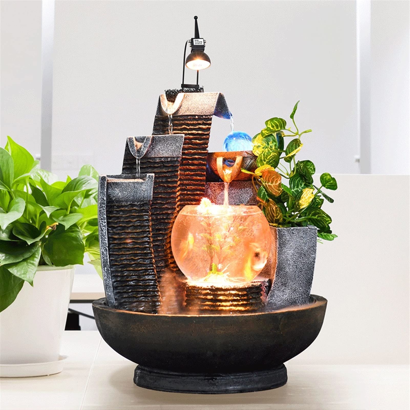 Indoor Water Fountain with LED Light - 35x43cm Zen Decor for Office, Living Room, Fish Tank | Humidifier & Lucky Decoration for Home & Workspace Relaxation